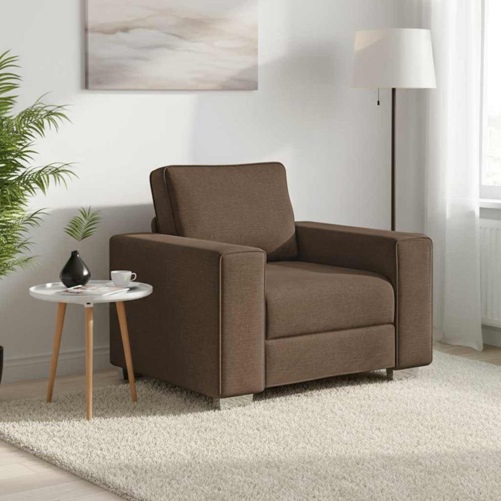 Sofá de tela moderno, 59 cm, marrón, con amplios apoyabrazos para la sala de estar, diseño transpirable y forma elegante, sensación de asiento cómoda gracias a materiales de espuma y fibra