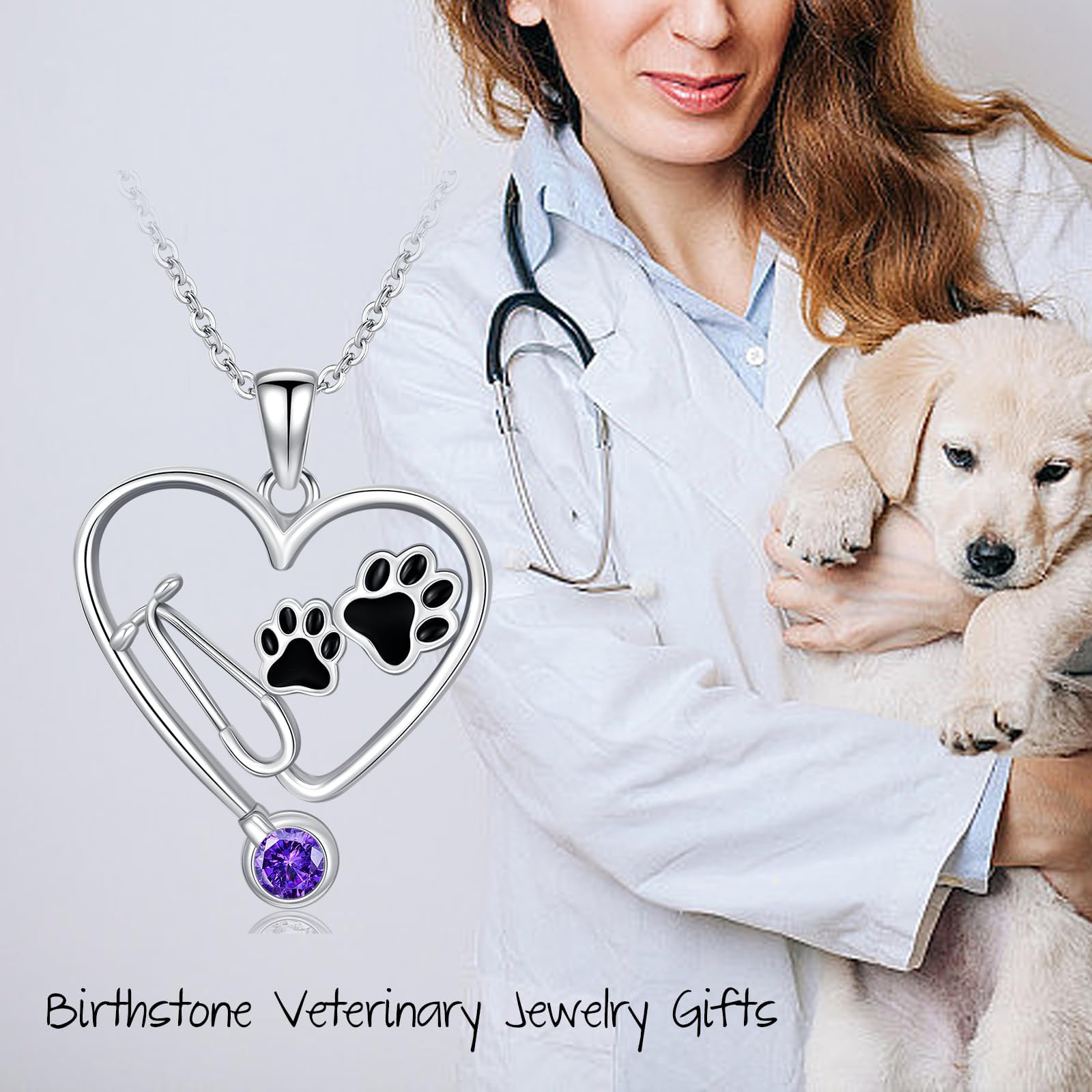 ROMANTICWORK Collar de estetoscopio veterinario con piedra natal de plata de ley 925, colgante de enfermera veterinaria con pata de perro, joyería de regalo para enfermeras veterinarias, regalos