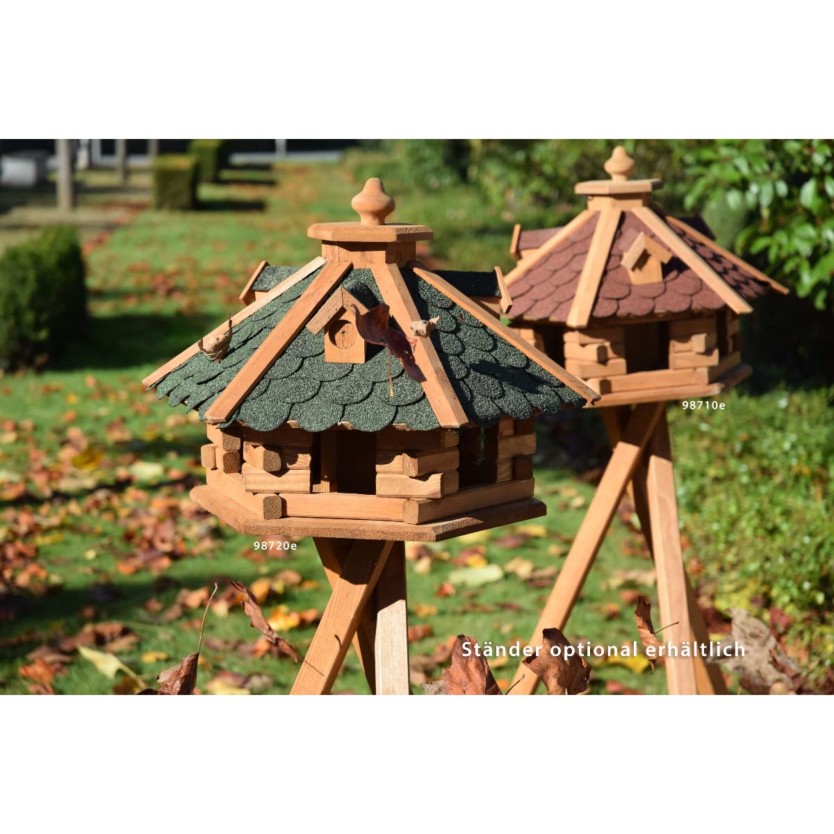 dobar® 98720e Vogelfutterhaus Bitumenschindeldach 6-eckig - Vogelhaus aus Massivholz - Vogelfutterstation mit Futtersilo - 6-eckige Vogelvilla - 51 x 45 x 37 cm - Grün