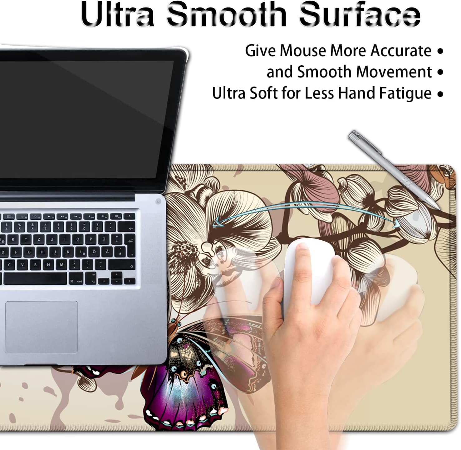 Butterfly XXL Desk & Mouse Pad Set - Extended Gaming Pad with Ergonomic Memory Foam Wrist Rest Support - 31.5x11.8in Waterproof Home Office Mouse Mat