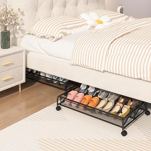 Miniatura 6 de Almacenamiento de zapatos debajo de la cama, paquete de 2 contenedores de almacenamiento rodantes debajo de la cama con ruedas, organizador de