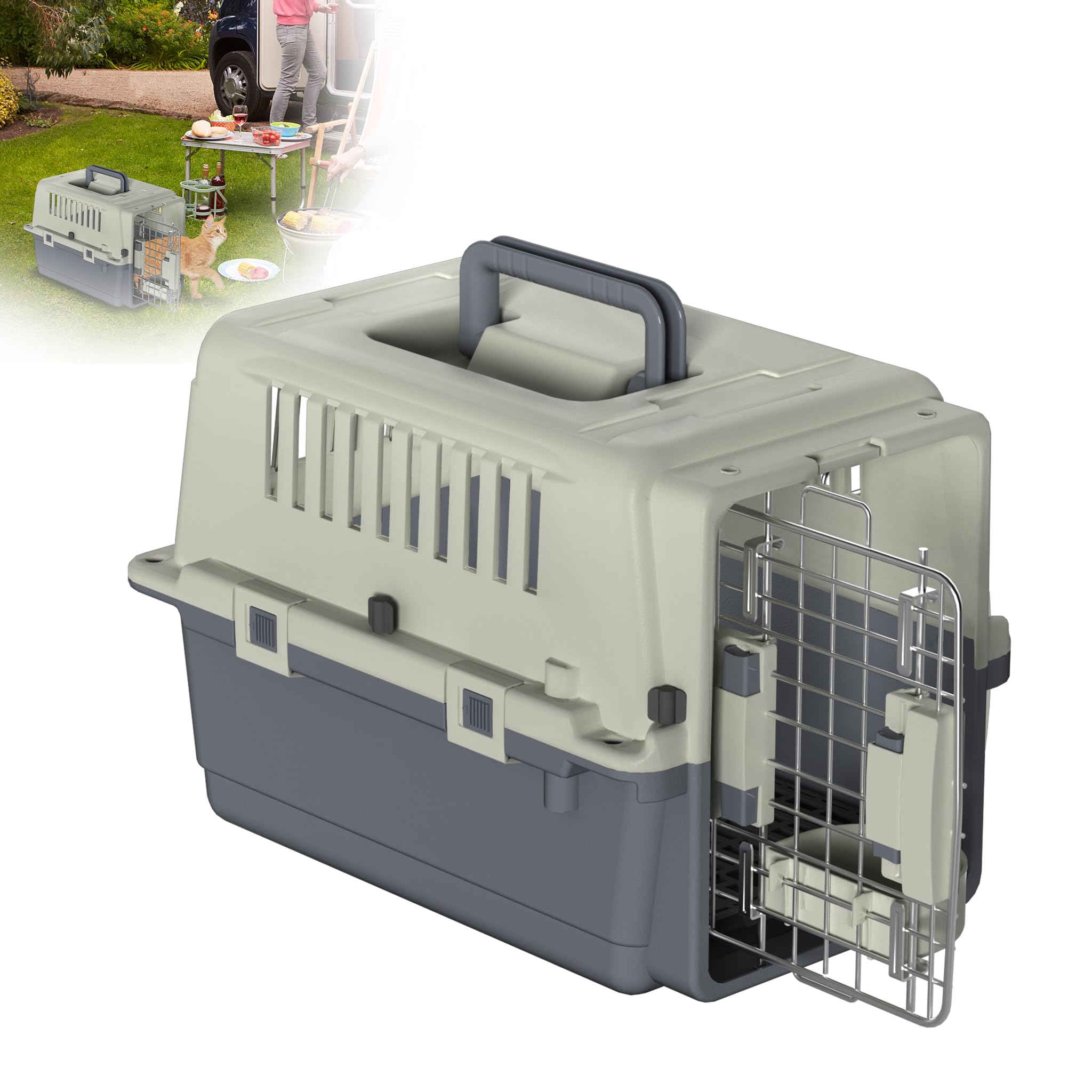 XMTECH Hundetransportbox Transportbox Flugzeugbox für Tiere, Reisebox für Hunde, mit Sicherheitsverriegelung & Lüftungsgitter, L 50 x B 34 x H 32 cm