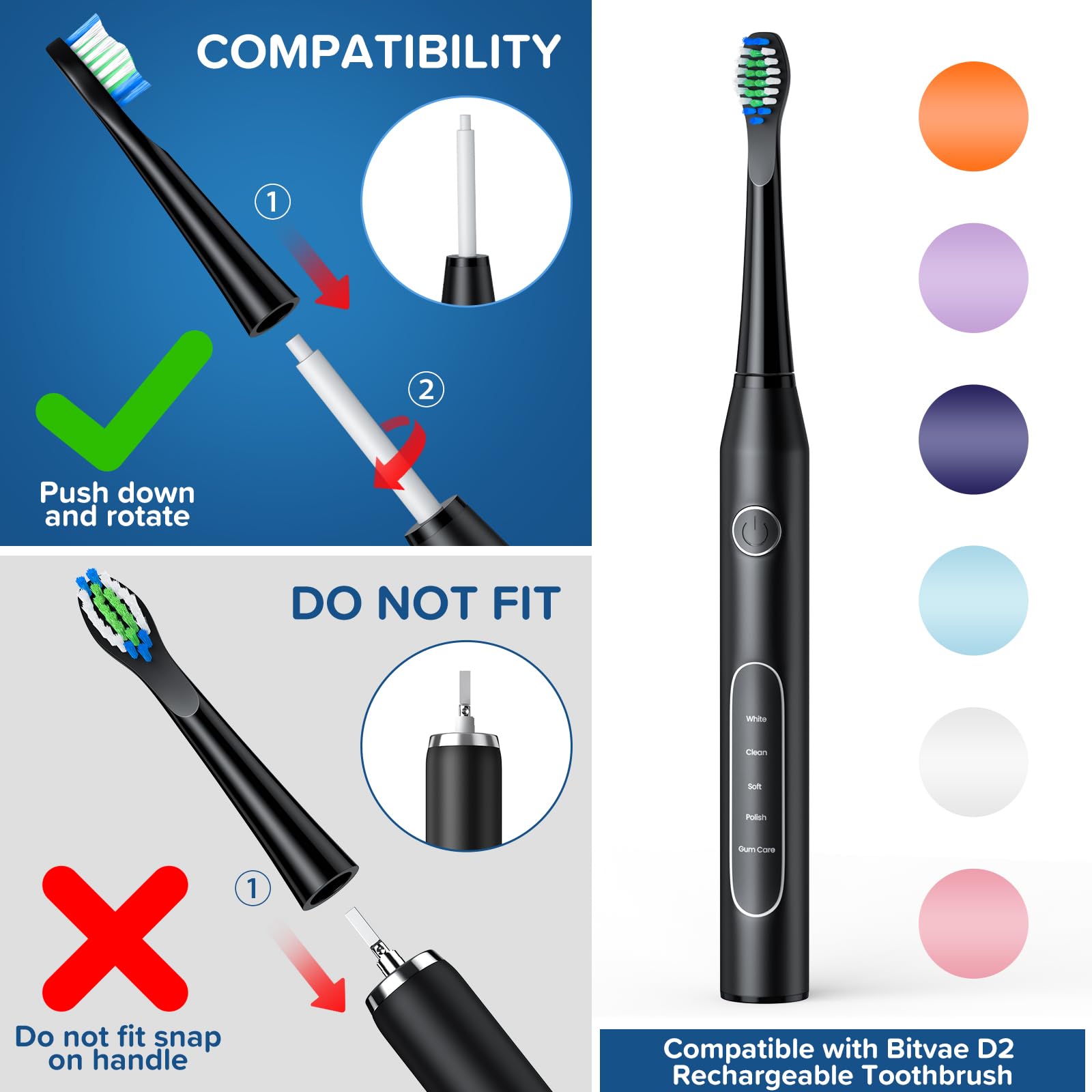 Cabezales de repuesto para cepillo de dientes (10 unidades) compatibles con cepillo de dientes recargable Bitvae Daily D2, cabezales de cepillo de dientes D2, color negro