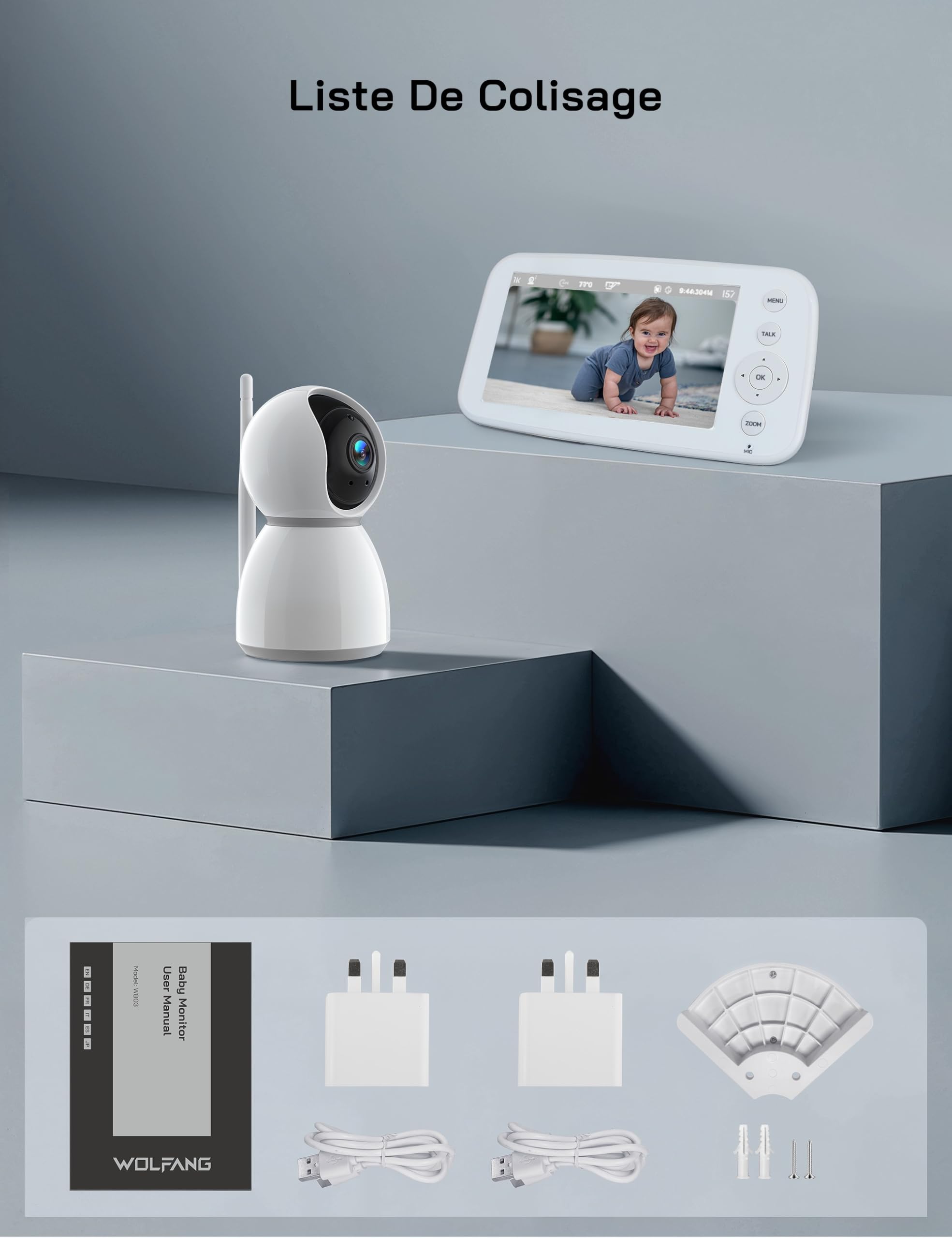 WOLFANG 1080P Babyphone Camera, Écran 5 pouces 720P, Camera Bebe Surveillance avec Rotation et Zoom à 360°, Pas de WiFi, Vision Nocturne, Conversation Bidirectionnelle, Température, Détection des Cris
