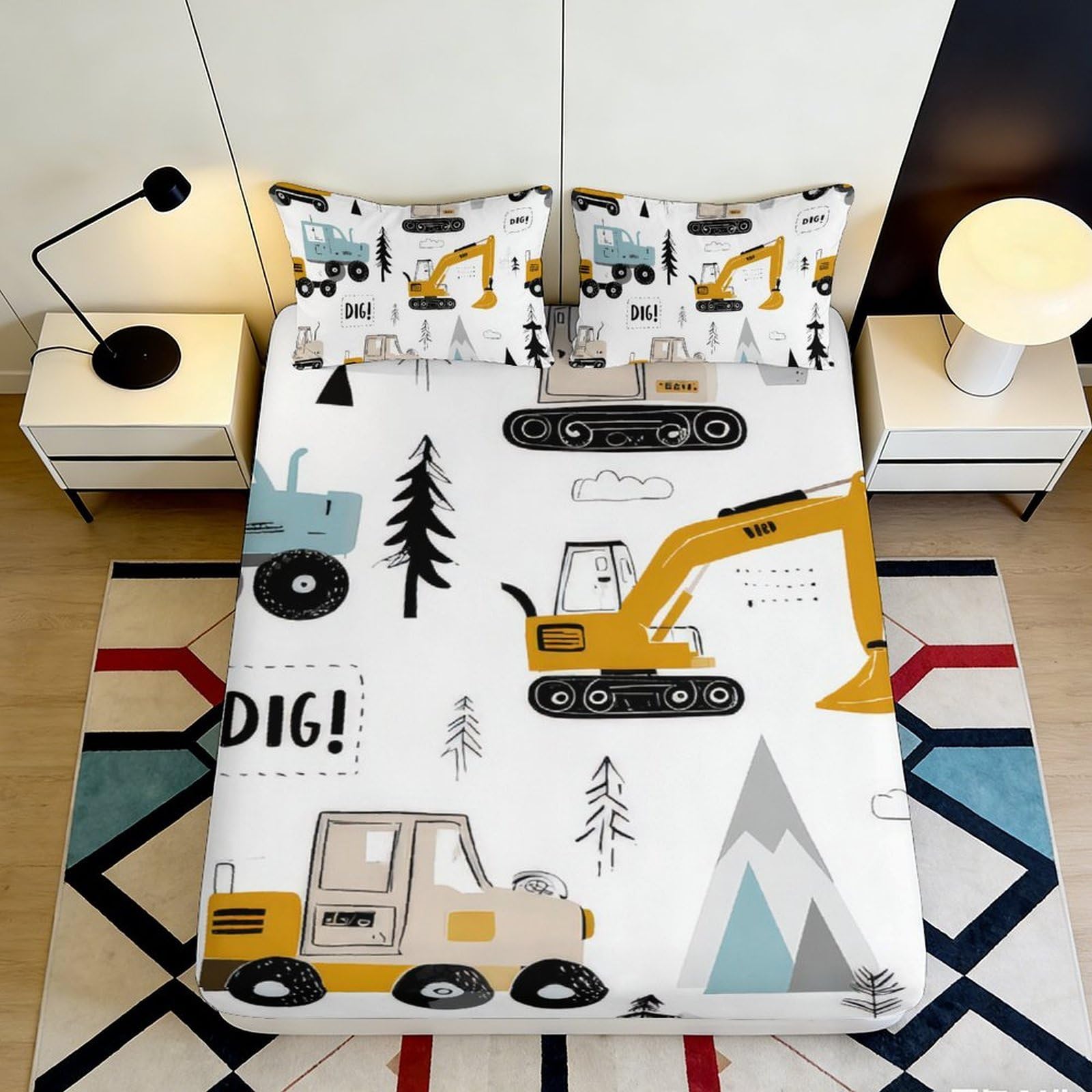 3D Printed Construction Excavator Fitted Sheet Microfiber Soft Anti-Slip Truck Mattress Cover for Bedroom Dorm Rental Decor 120x200cm 200x200x25cm