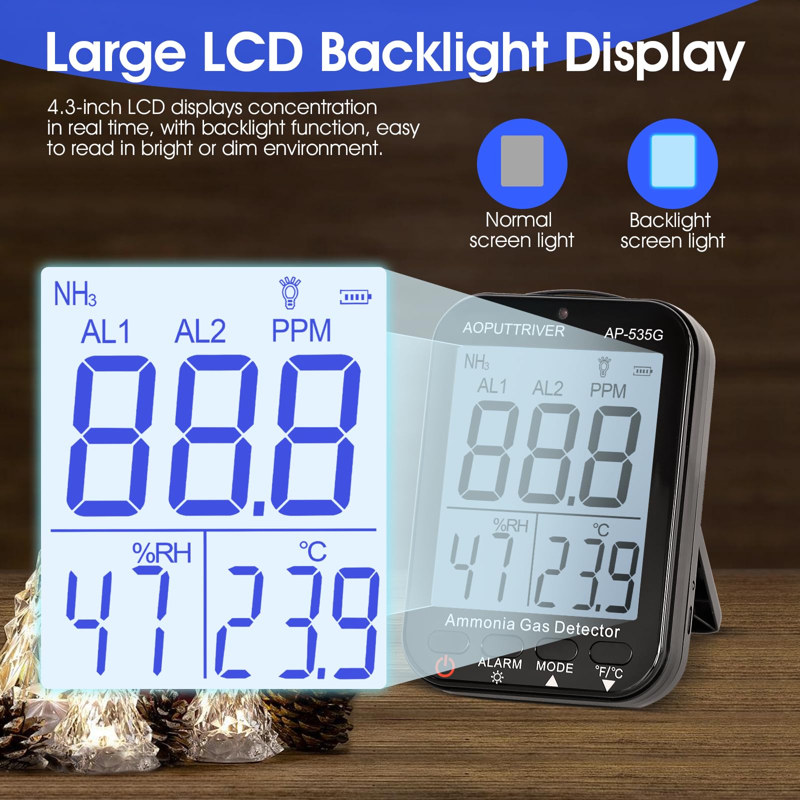 Detector de Gas Amoníaco 535G, Monitor de Gas NH3 Rango del Sensor 0-100ppm Medidor de Amoníaco Recargable con Alarma, Temperatura(℉/℃), Humedad, Pantalla LCD Retroiluminada