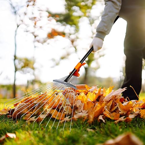 Miniatura 6 de Rastrillo de hojas para césped, rastrillo de jardín ajustable para hojas con mango largo, 61 pulgadas