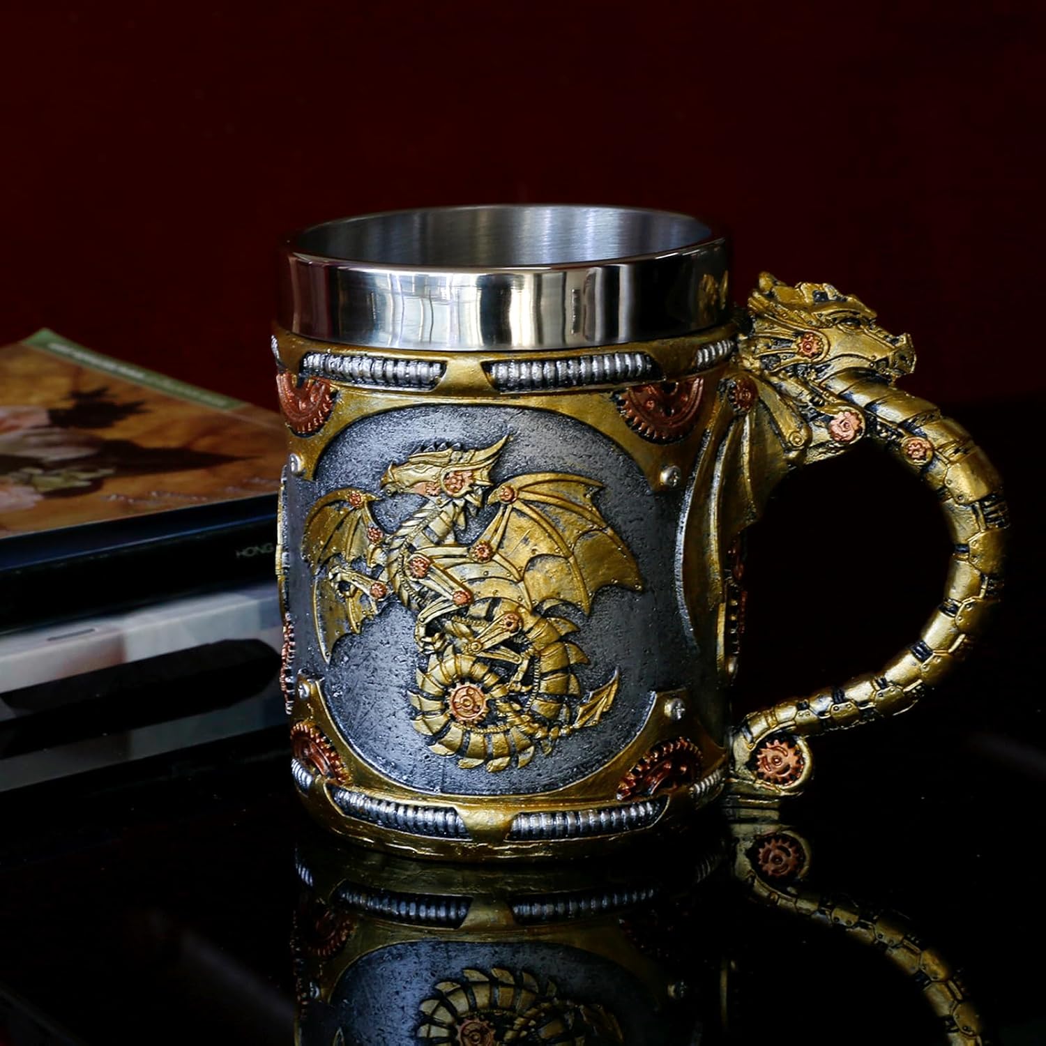alikiki Medieval Steampunk Dragon Mug - 15.8oz Renaissance Mechanical Dragons Beer Stein Tankard Stainless Coffee Cup Father Day Gift Mug for Dragon Collector Lovers Themed Party Decoration - Image 2