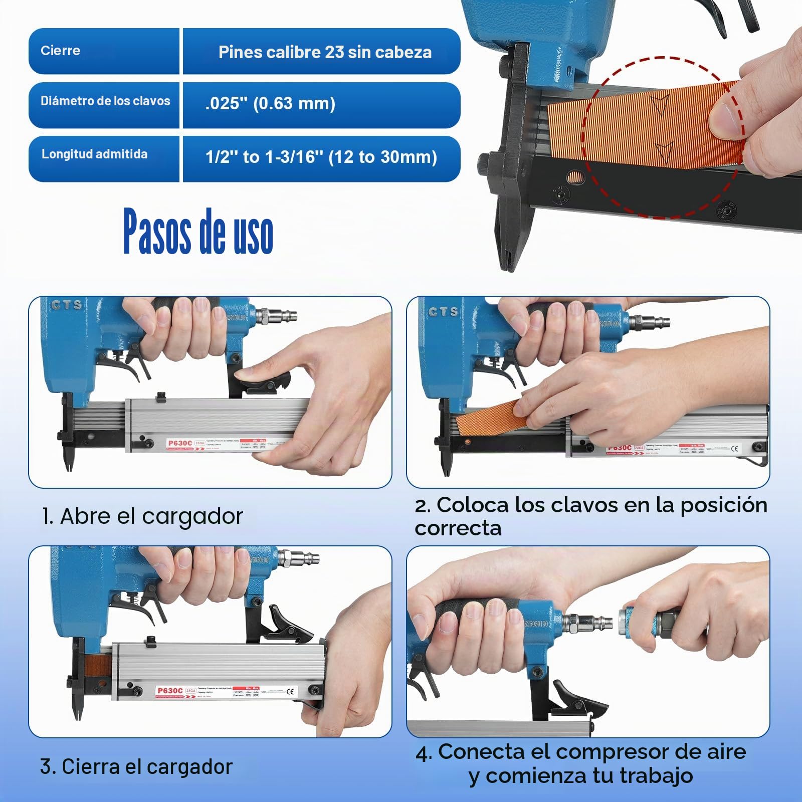 CTS P630C - Clavadora de pines de calibre 23 con 3000 piezas de clavos, pistola neumática sin cabeza con gatillo de seguridad, se adapta a clavos de pin de 1/2'' a 1-3/16'' (12 a 30 mm), micro