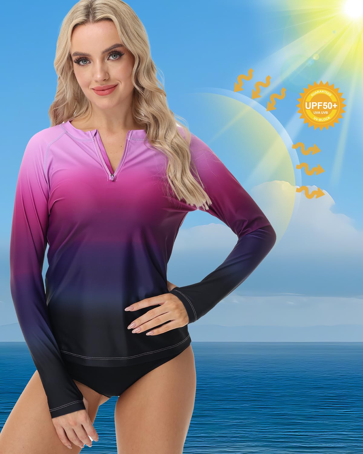 VAYAGER Rashguard Femme, Maillot de Bain à Manches Longues 1/4 Zip, Protection Solaire UV UPF 50+, Séchage Rapide, Haut de Natation pour Surf