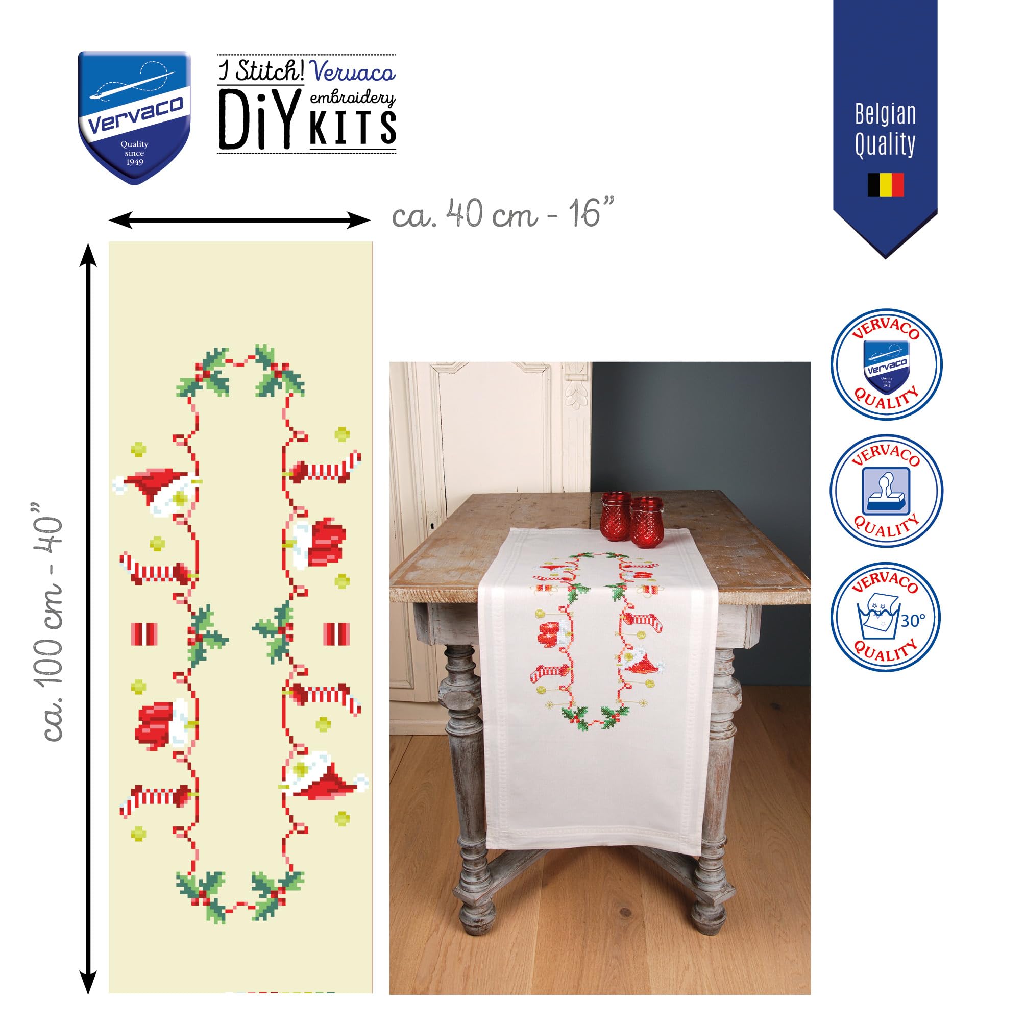 VERVACO Kit Point De Croix Pré-Imprimé Chemin De Table NOËL Broderie Kit Complet Adulte Loisir Créatif Maison Decoration Manuelle Table Cadeou DIYca. 40 x 100 cm Cross Stitch Embroidery