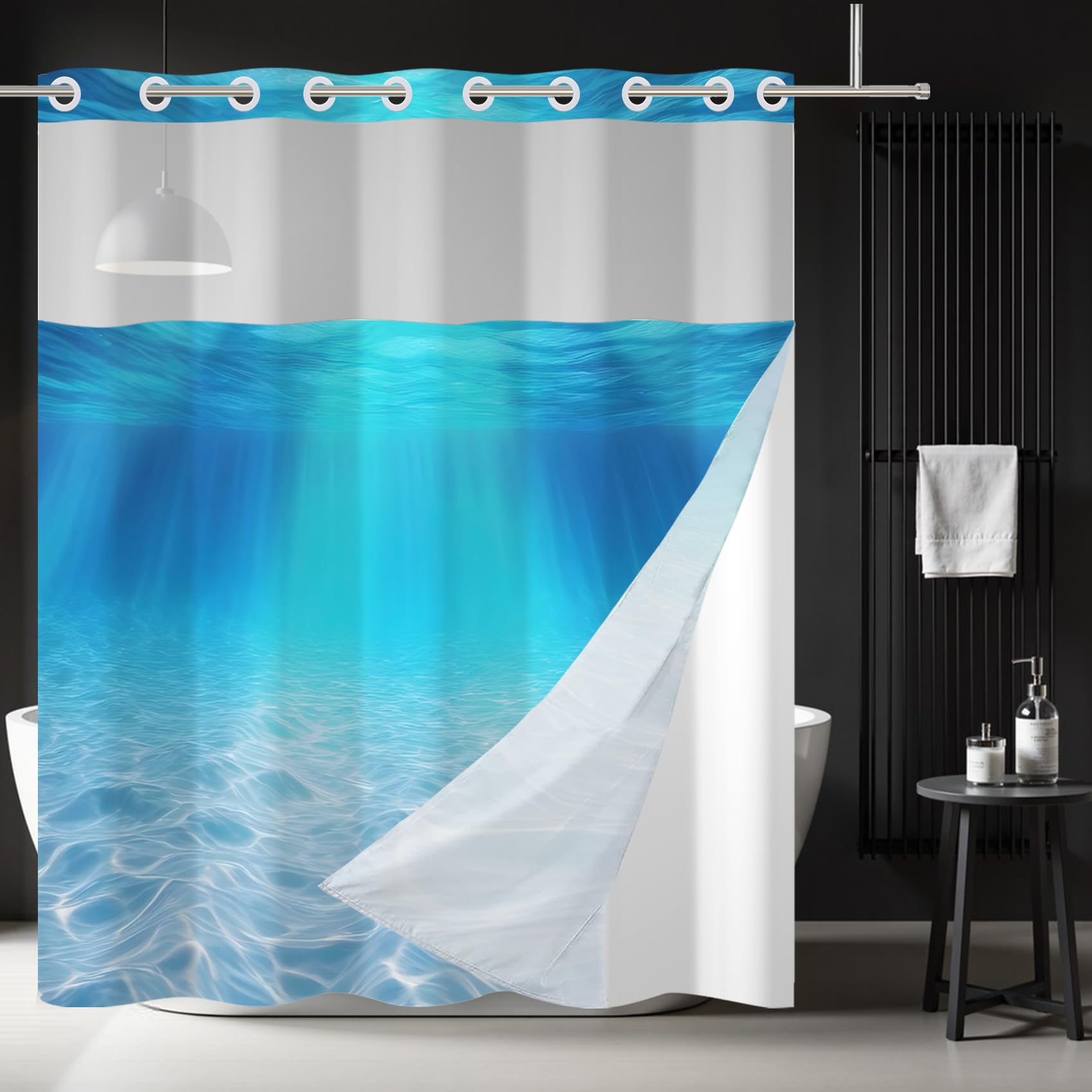 Rideau de Douche 180x210cm sans Crochets avec Doublure à Clipser Motif Monde sous-Marin Double épaisseur imperméable décoratif avec fenêtre Transparente.