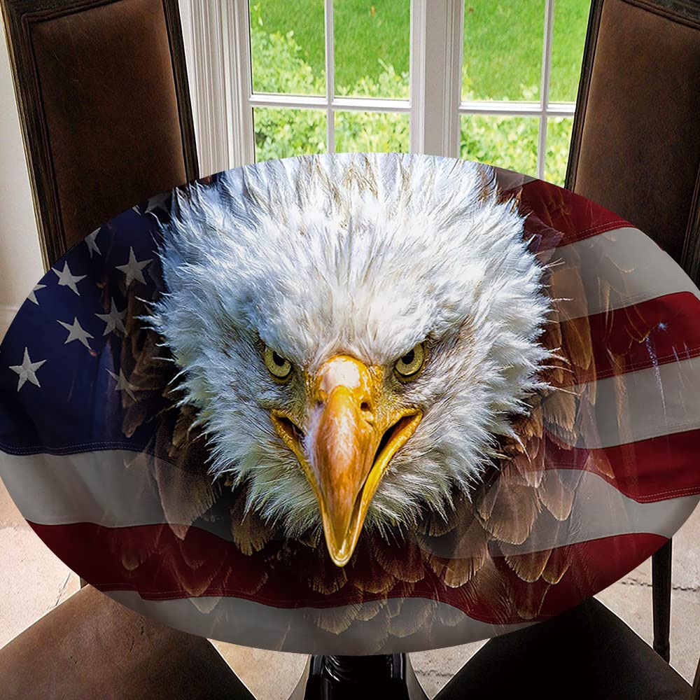 American Flag Fitted Tablecloth Round, July 4th Elastic Edge Table Cover, Polyester Table Pad Cloth for Indoor Outdoor Party Dinner Patio Decor, Tablecloth Size 60