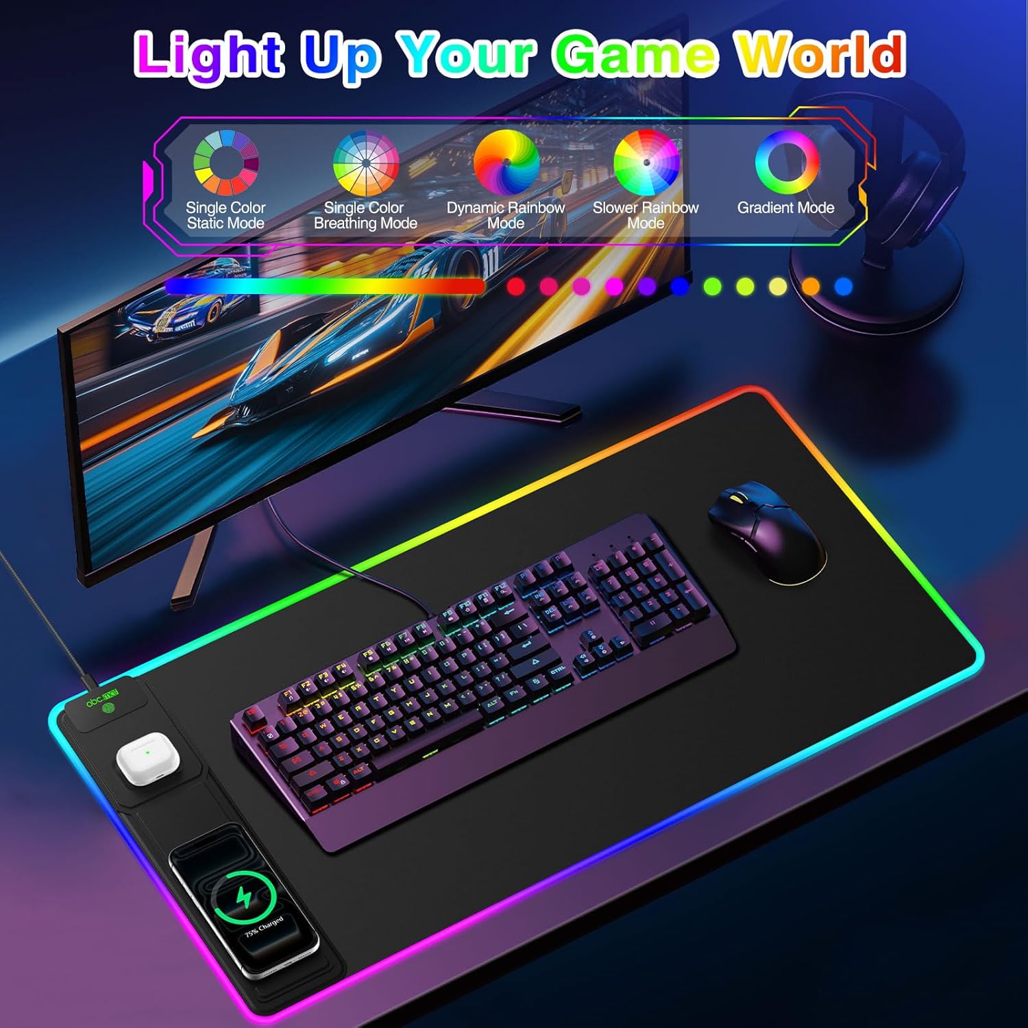 XXL RGB LED Gaming Mouse Pad with Magnetic Wireless Charger & Foldable Phone Holder, 31.5"x15.8" Extended Ultra-Smooth Desk Mat, 25 Lighting Effects, Non-Slip Base, Includes 20W PD Adapter 4