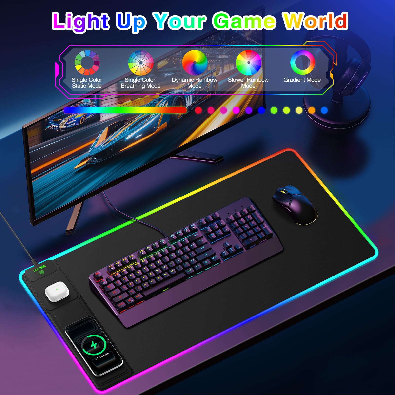 Tappetino per mouse da gioco XXL RGB LED con caricabatterie wireless magnetico e supporto pieghevole per telefono, 80 x 40 cm, tappetino da scrivania ultra liscio, 25 effetti di luce, base antiscivolo