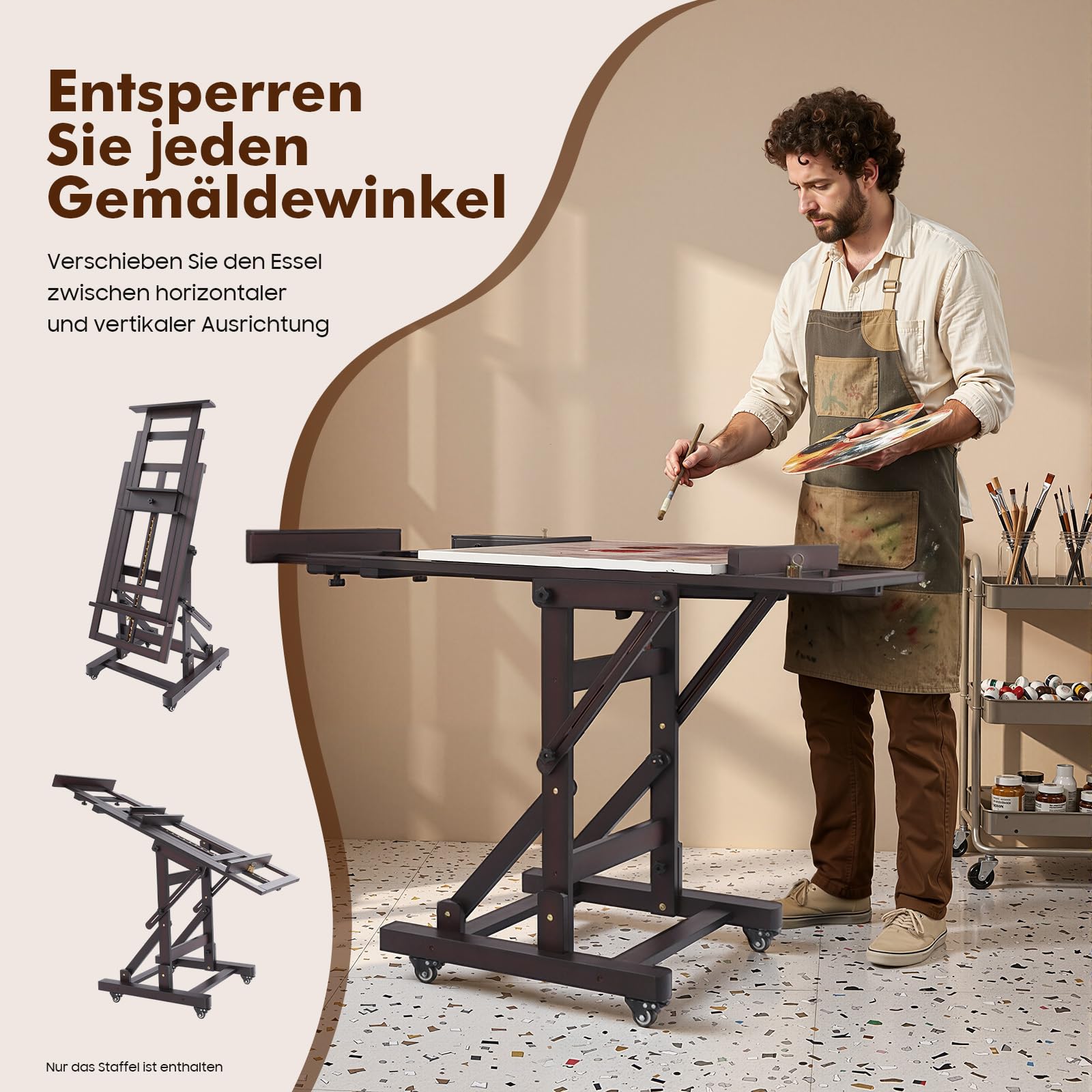 Professionelle Holz Staffelei Groß (140-300 cm Höhenverstellung) mit 4 Lenkrollen, Stabile H-Ständer Design für bis 10kg - Universal Staffelei Holz für Künstler, Kinder, Atelier (Schwarznussfarbe)