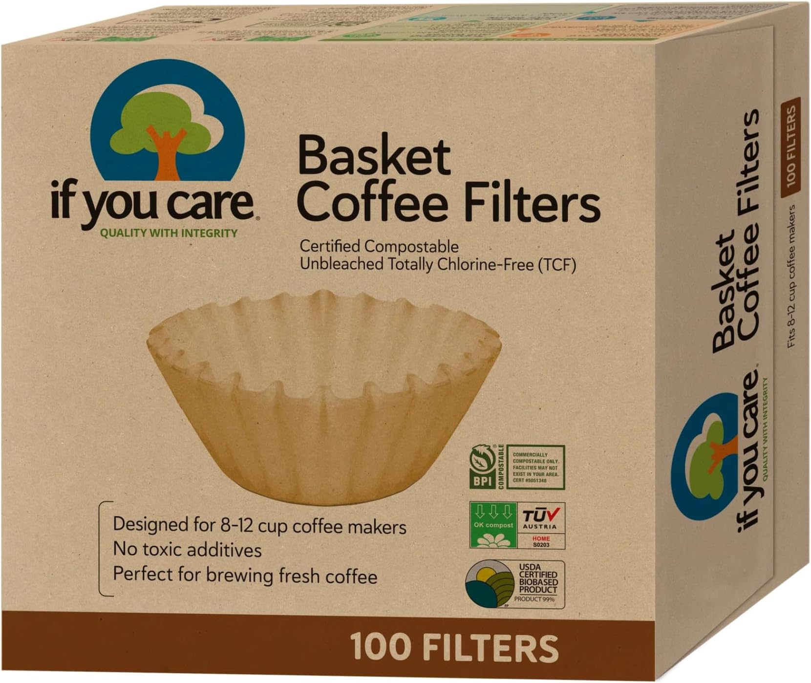 If You Care Unbleached Coffee Filters, Basket Style, 8 Inch – Chlorine-Free, Compostable, FSC Certified (100 Count)