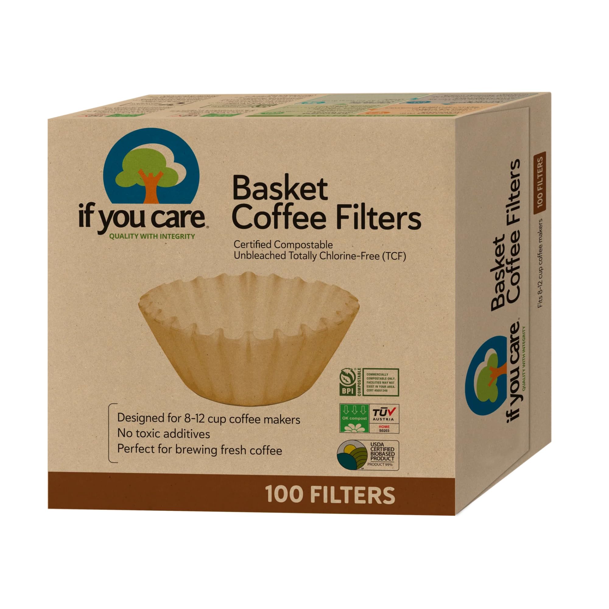 Unbleached Coffee Filters, Basket Style, 8 Inch – Chlorine-Free, Compostable, FSC Certified (100 Count)