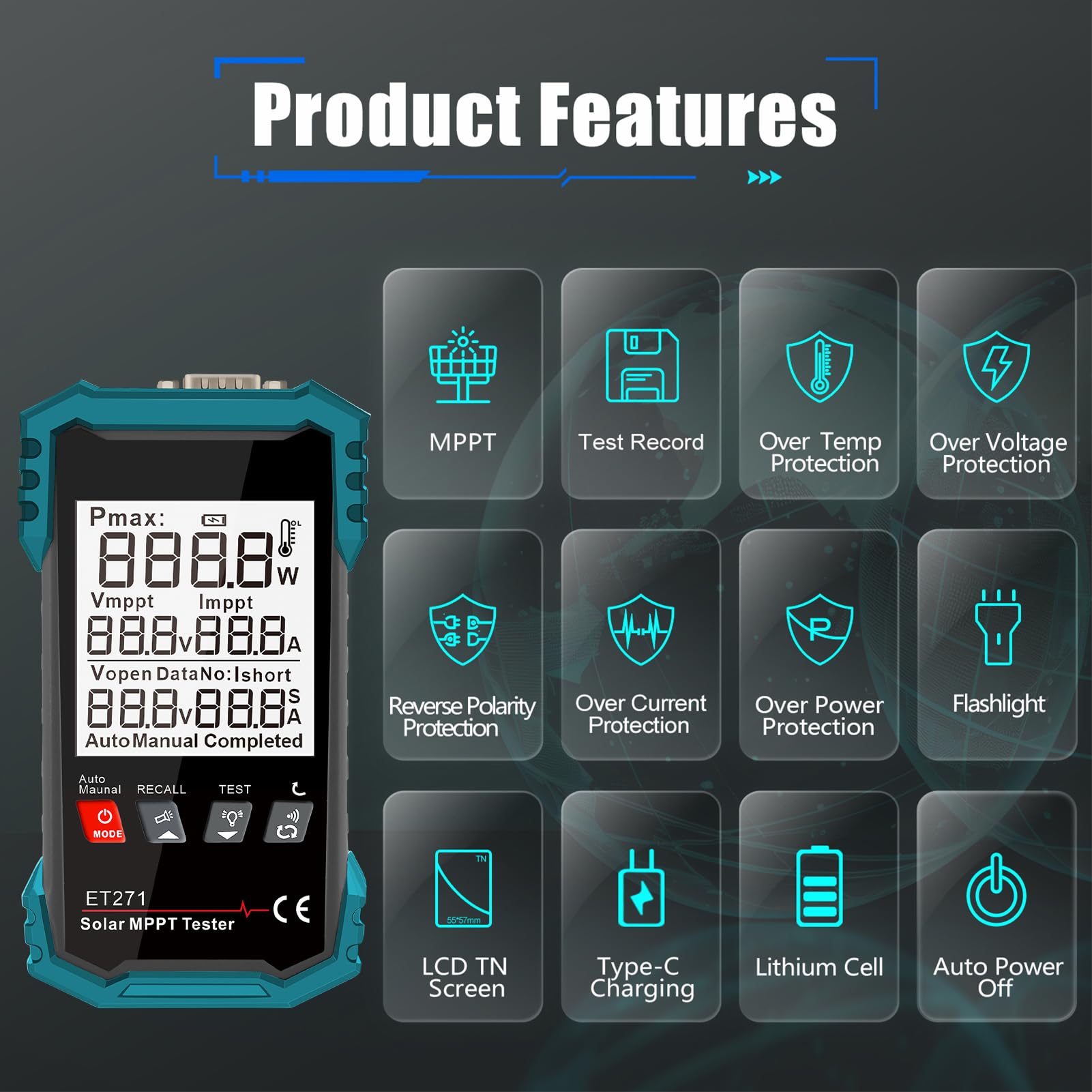 Tester solare da 1600 W, tester digitale portatile MPPT con modalità auto/manuale, tensione a vuoto, punto di potenza massimo (potenza/tensione/corrente), batteria da 1250 mAh