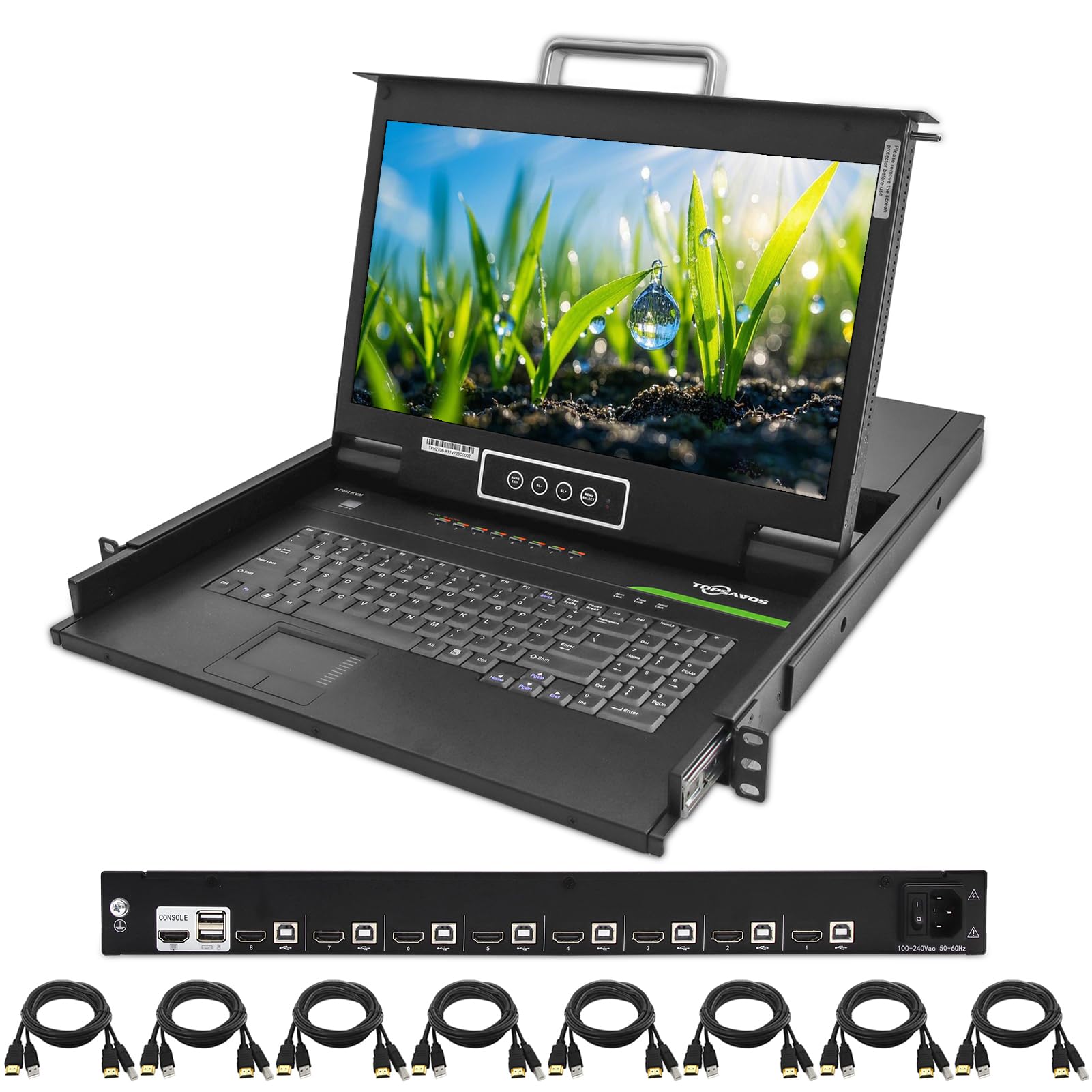 Rack Mount KVM Console HDMI 8 Port, Full HD 1920x1080 17.3'' Rackmount Monitor, OSD Buttons Hotkeys Switching, 1U Rack KVM Switch with Touchpad Keyboard, Includes 8 HDMI USB KVM Cables