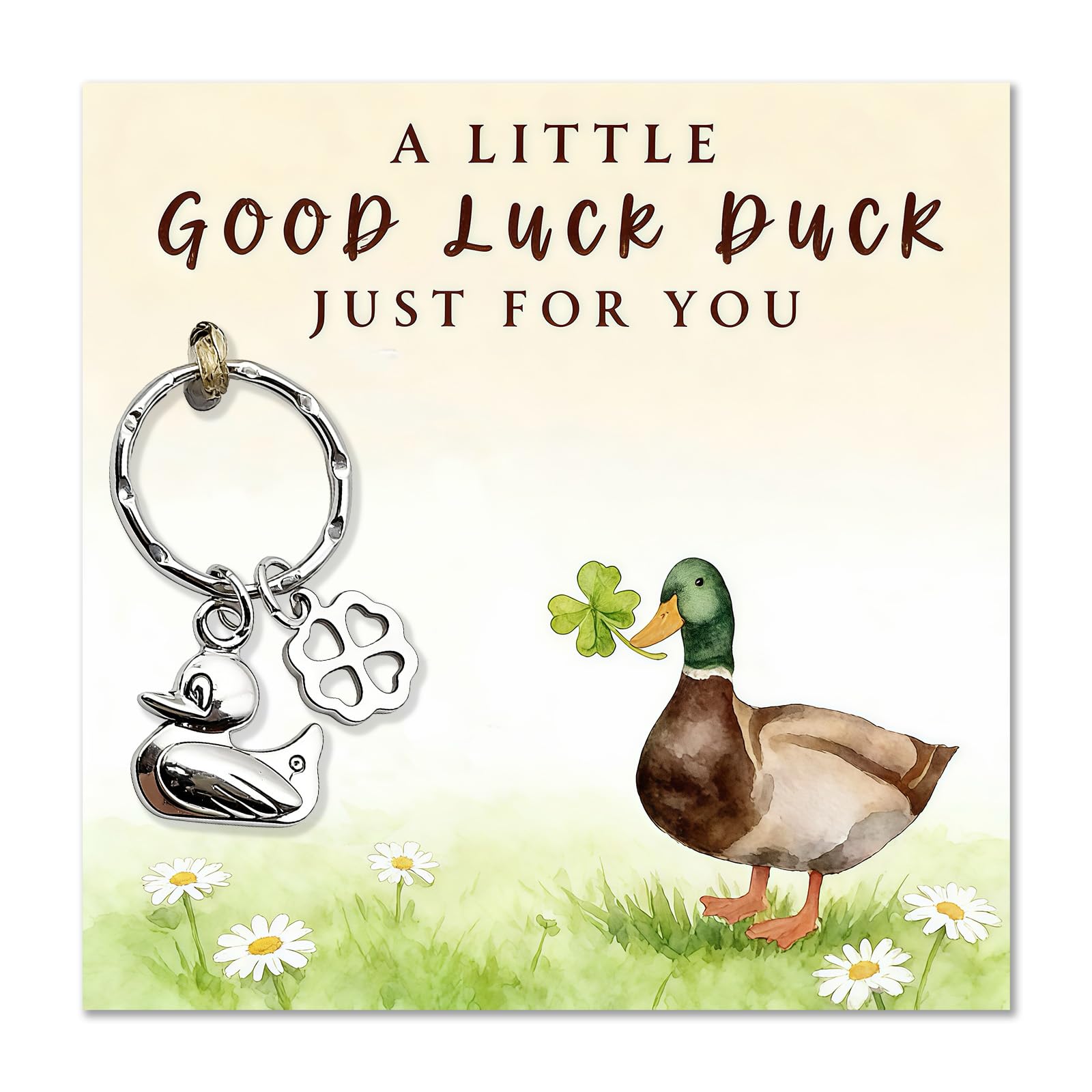 Aikobaa Women's Duck Good Luck Keychain & Card Gift Set - A Little Good Luck Duc/K Just For You With Four-Leaf Clover Charm, Encouragement Present For Friends, Exam Luc/K, Birthday Small Gift (Duck)
