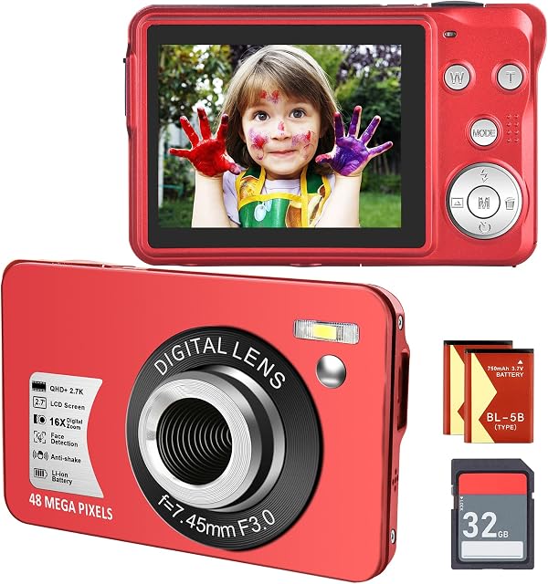 Digital Camera, Compact Kids Camera with SD Card 48MP 2.7K/20FPS 2.7-inch Screen LCD Anti-shake Photoflash Selfile For Children Teens Beginners Gift (Red)