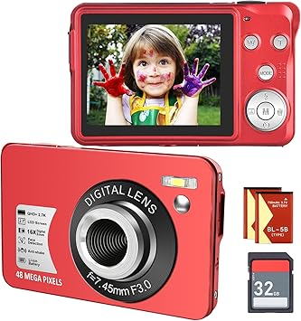 digital camera kids camera for teens boys and girls 48mp 2 7k digital camera with 16x digital zoom 32 gb sd card and 2 batteries included red