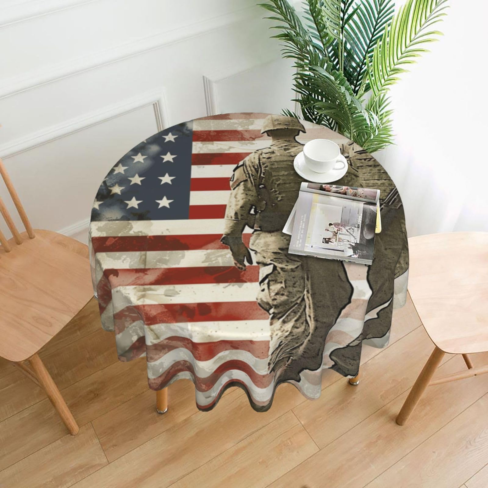 WPKJU US Military Soldiers Patriotic Memorial Day Printed Round Tablecloth 60 in Water Resistant Table Cover Washable Table Cloth for Dining Tables