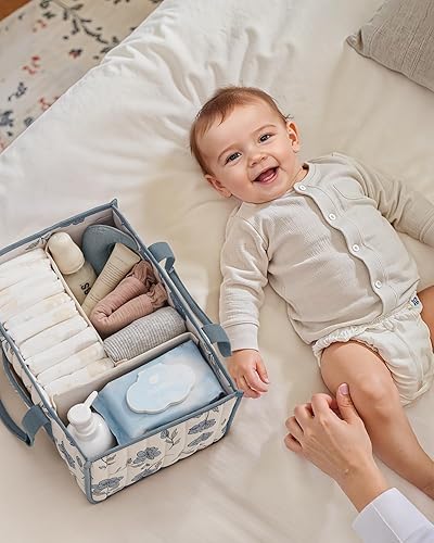 Miniatura 6 de Blissful Diary Organizador de pañales floral, elegante cesta de almacenamiento para guardería, regalo para baby shower, artículos esenciales para
