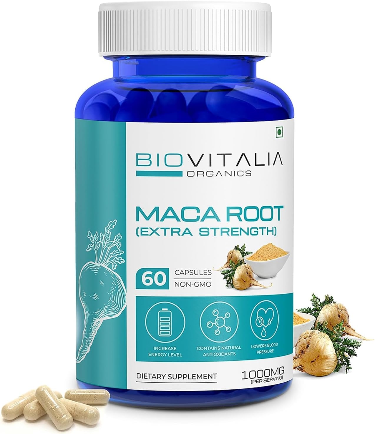 Biovitalia Maca Root Extract Capsule 1000mg | Dietary Supplement |Promote Active Life| Support Daily Energy Good for Men & Women – 60 Vegan Capsules