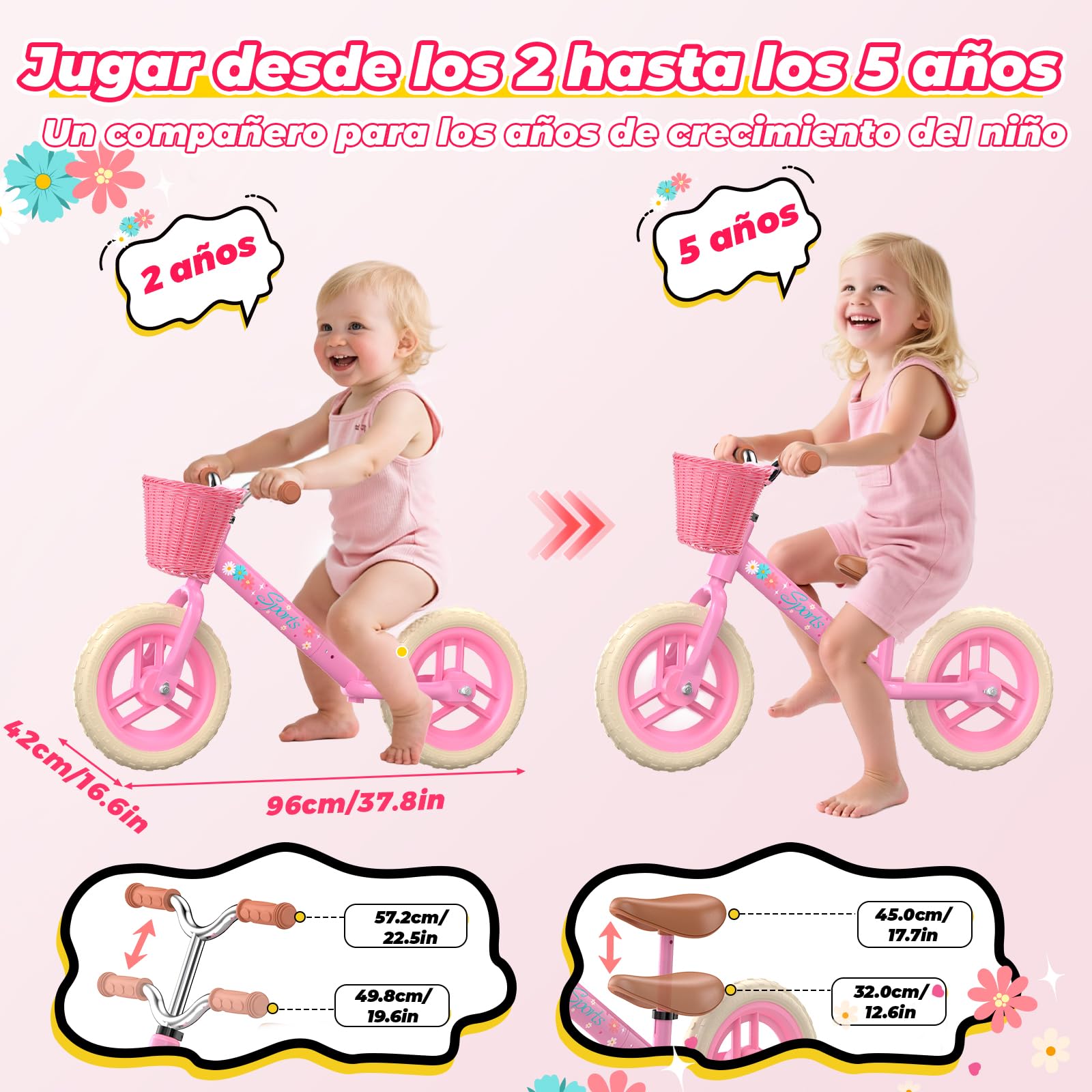 HappyGoLucky Bicicleta Niña 2-5 Anni, Bici Equilibrio Sin Pedales– Ruedas Luminosas/Altura Ajustable/Cesta De Tela, Bicicleta Equilibrio Juguetes Regalo Niños Niñas 2-5 Año Juegos Exterior