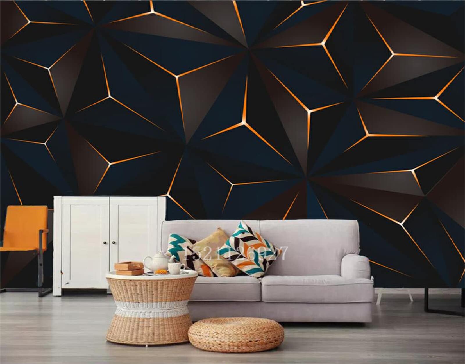 Muurmuur Geometrische glans - patroon van gouden compositie met glans en 3D-effect- Modern