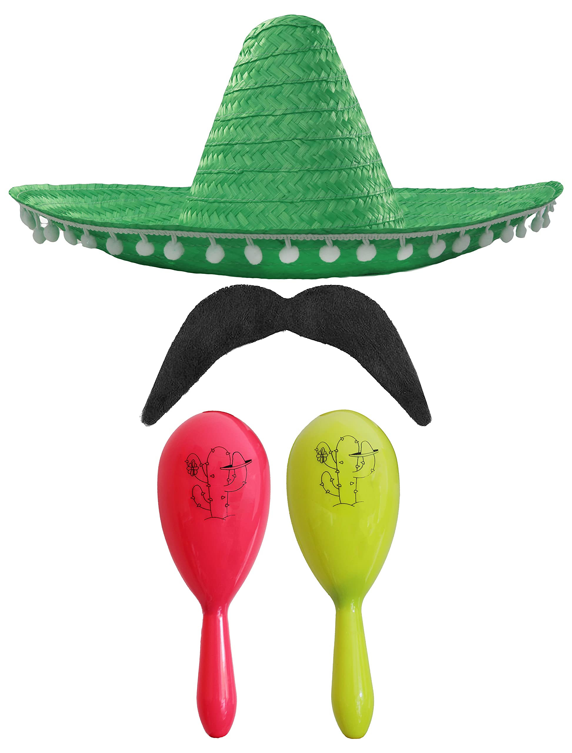 Adults Mexican Accessory Set - Green Mexican Sombrero, Pink & Yellow Maracas, Moustache - Mexican Cinco de Mayo Sensorita Bandit Mariachi Fancy Dress Costume Accessory Set — image 1