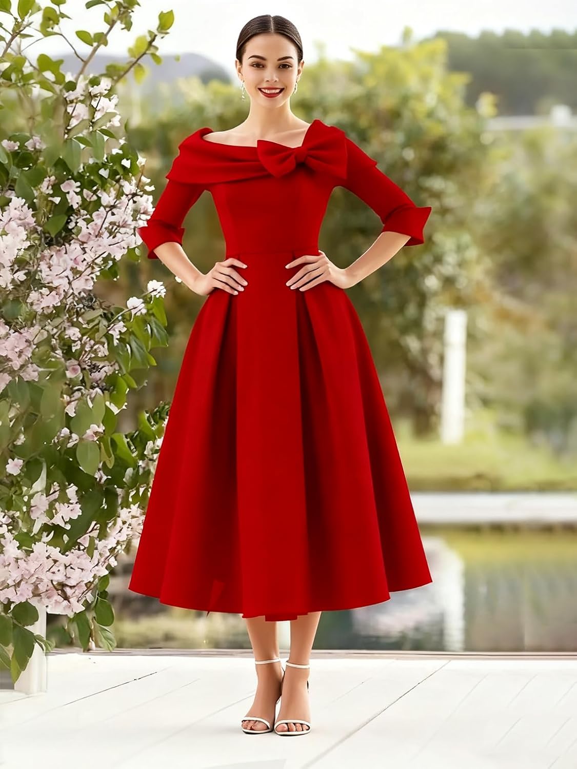 A-Line Solid Color Formal Dress Square Neck 3/4 Length Sleeve Tea Length Satin with Bow Knot Artistic Evening Gown - Image 4