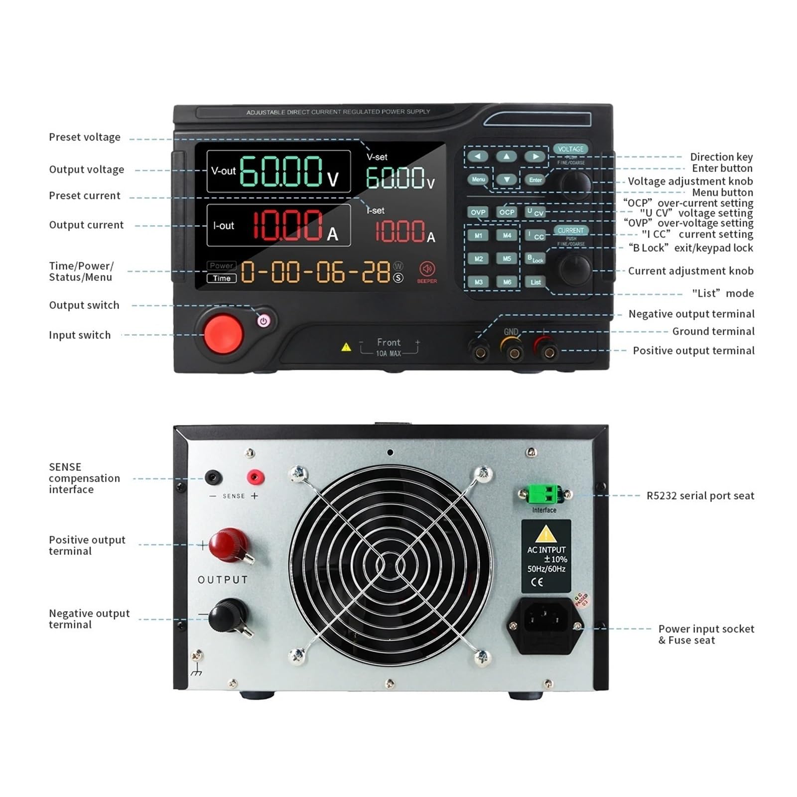 Zasilacz sieciowy DC, zasilacz stołowy, zmienny zasilacz 100 V, 60 A, 6000 W, regulowany zasilacz, programowalne zasilanie prądem stałym (RS232-100V 60A 10MV 10MA, 220V)