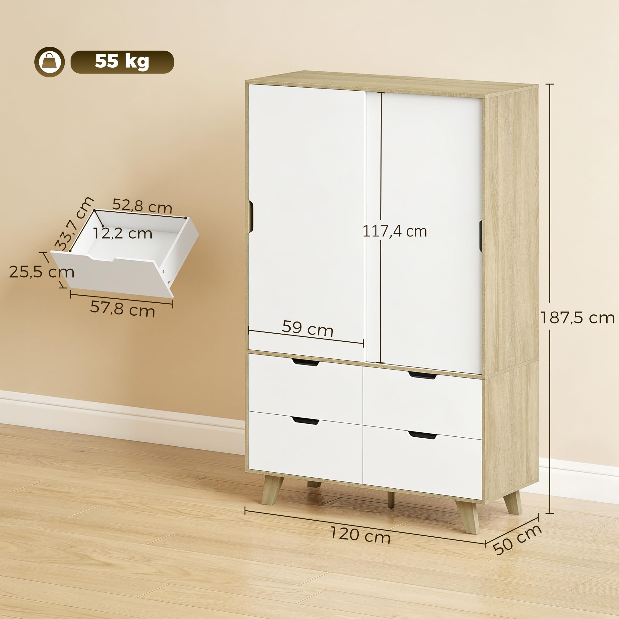 HOMCOM Armoire Chambre Penderie 2 Portes Coulissantes 4 Tiroirs Chêne Blanc