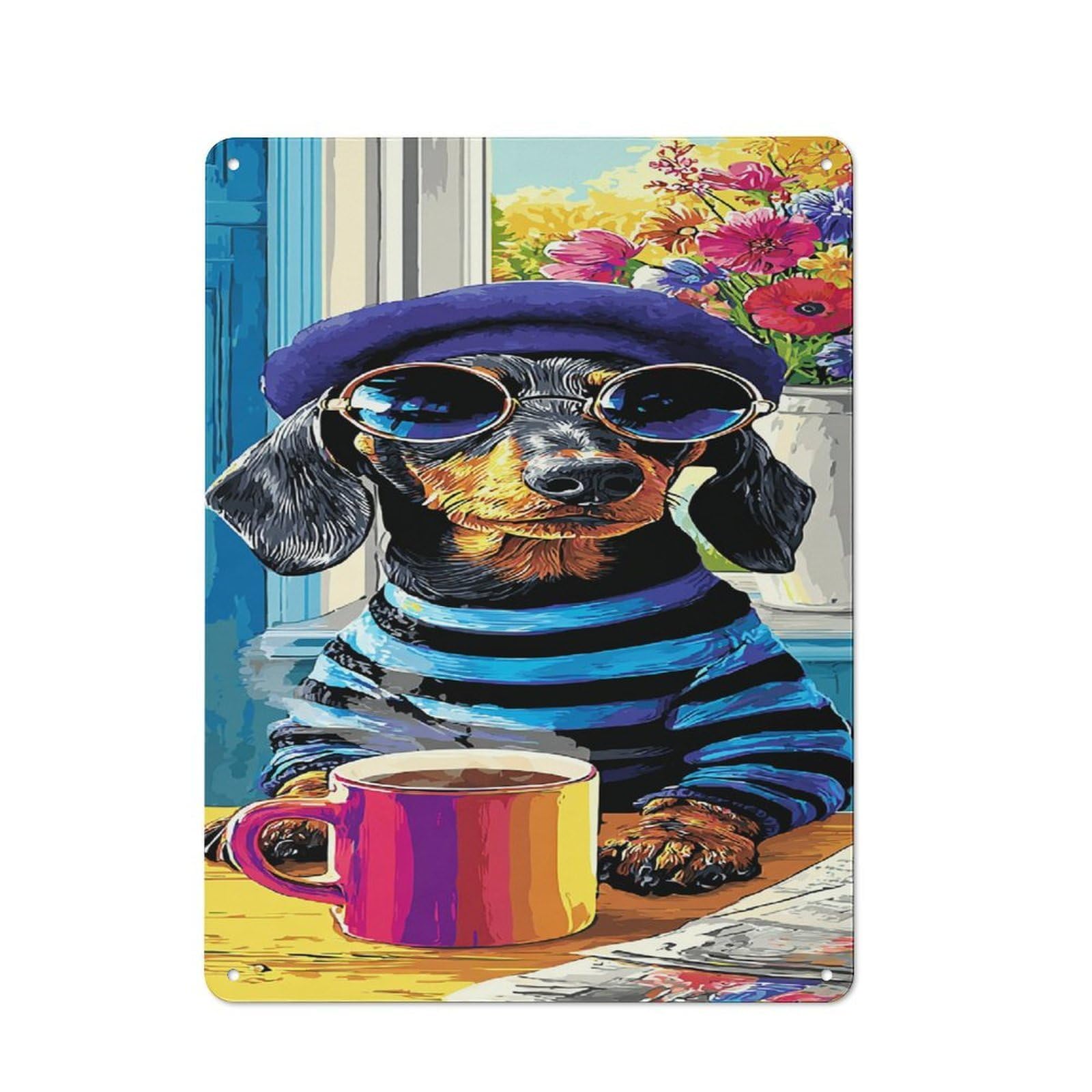 Junmoney Chic Dachshund Sipping Coffee -2 Metal Plaque With Design 40X30cm, Vintage Bistro Wall Plaque For Coffee Bar, Kitchen, Bistro Or Tea Corner