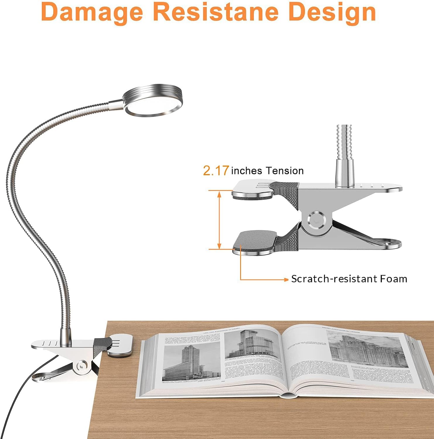 LEPOWER Clip on Light/Reading Light/Book Lights/Desk Lamp Color Changeable/Night Lights Clip on for Desk, Bed Headboard and Computers, Adapter Included, Silver