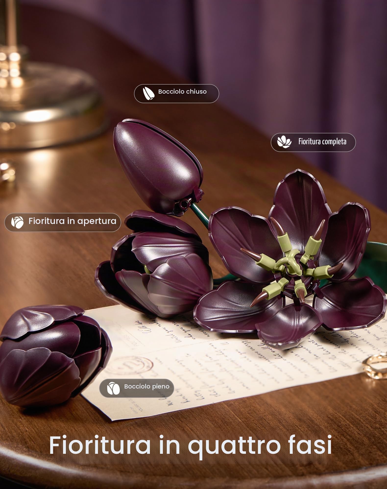 Set da costruzione di fiori di tulipano viola scuro, regalo per la festa della mamma, bouquet di piante artificiali kit di costruzione per la collezione botanica, decorazione della tavola