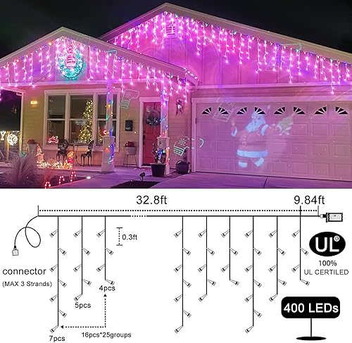 Miniatura 11 de Luces de Navidad de carámbano para exteriores, 33 pies, 400 luces LED de carámbano para exteriores con 75 gotas, luz de Navidad impermeable