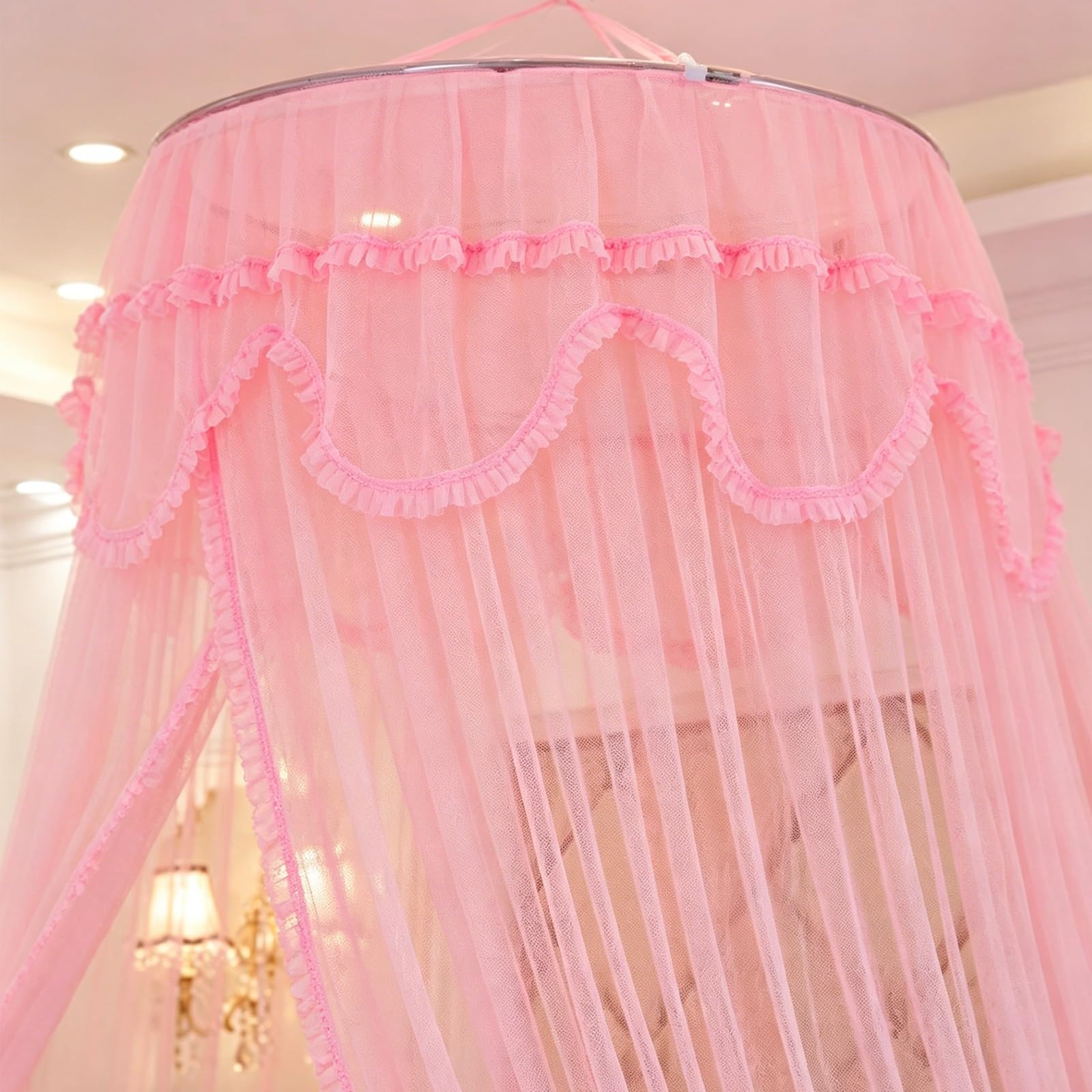 SARKEY Moskitonetz Betthimmel Für Mädchen,Hängende Bettnetzabdeckung Schlafzimmer,Prinzessinnen Baldachin,Runde Kuppelspitze,Erwachsene,Hochzeit,Dekoration(Pink)