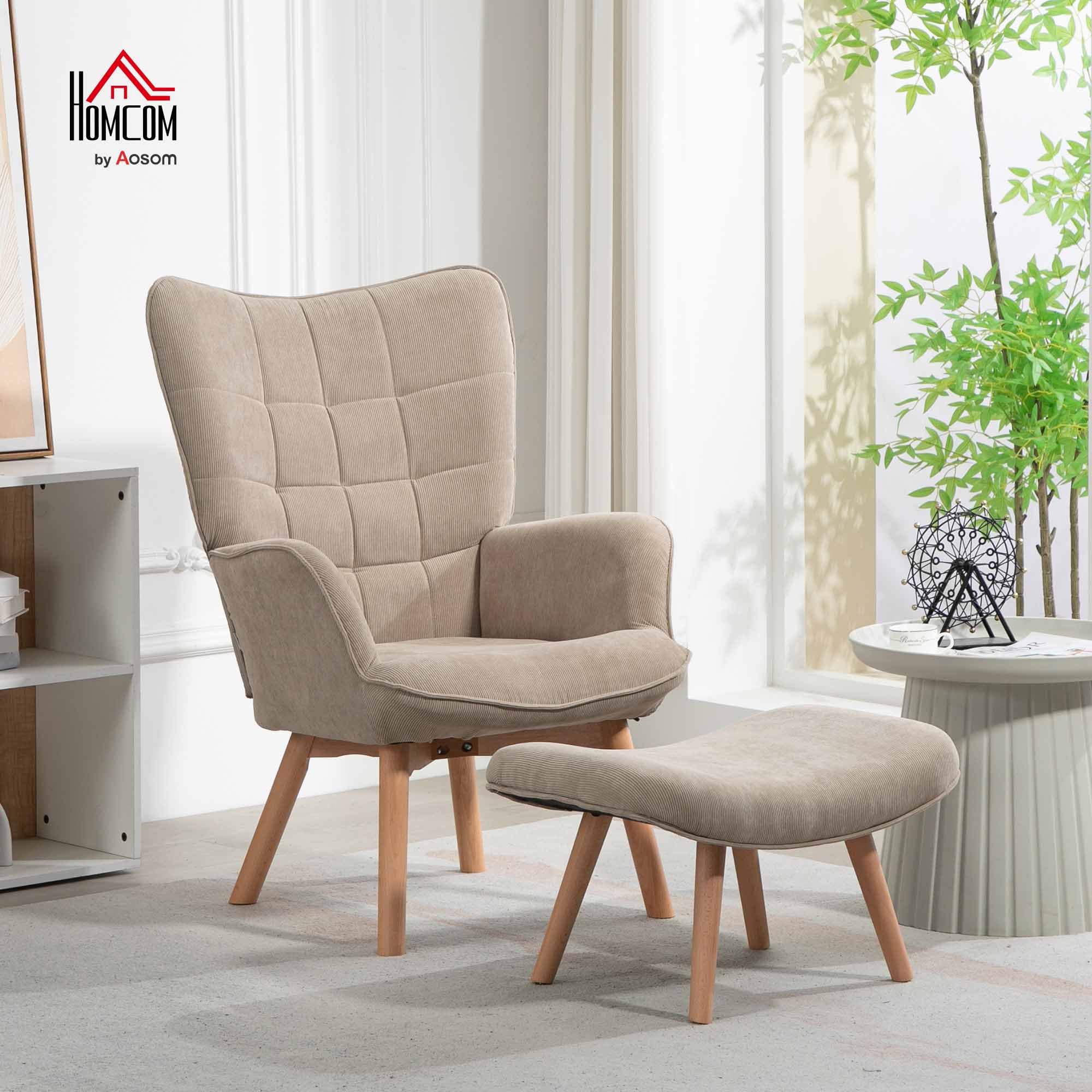 HOMCOM Poltrona con Poggiapiedi Coordinato Stile Contemporaneo, Poltroncina da Salotto in Tessuto Effetto Velluto con Gambe in Legno di Faggio per Salotto e Soggiorno, 72x80x101 cm, Marrone Chiaro