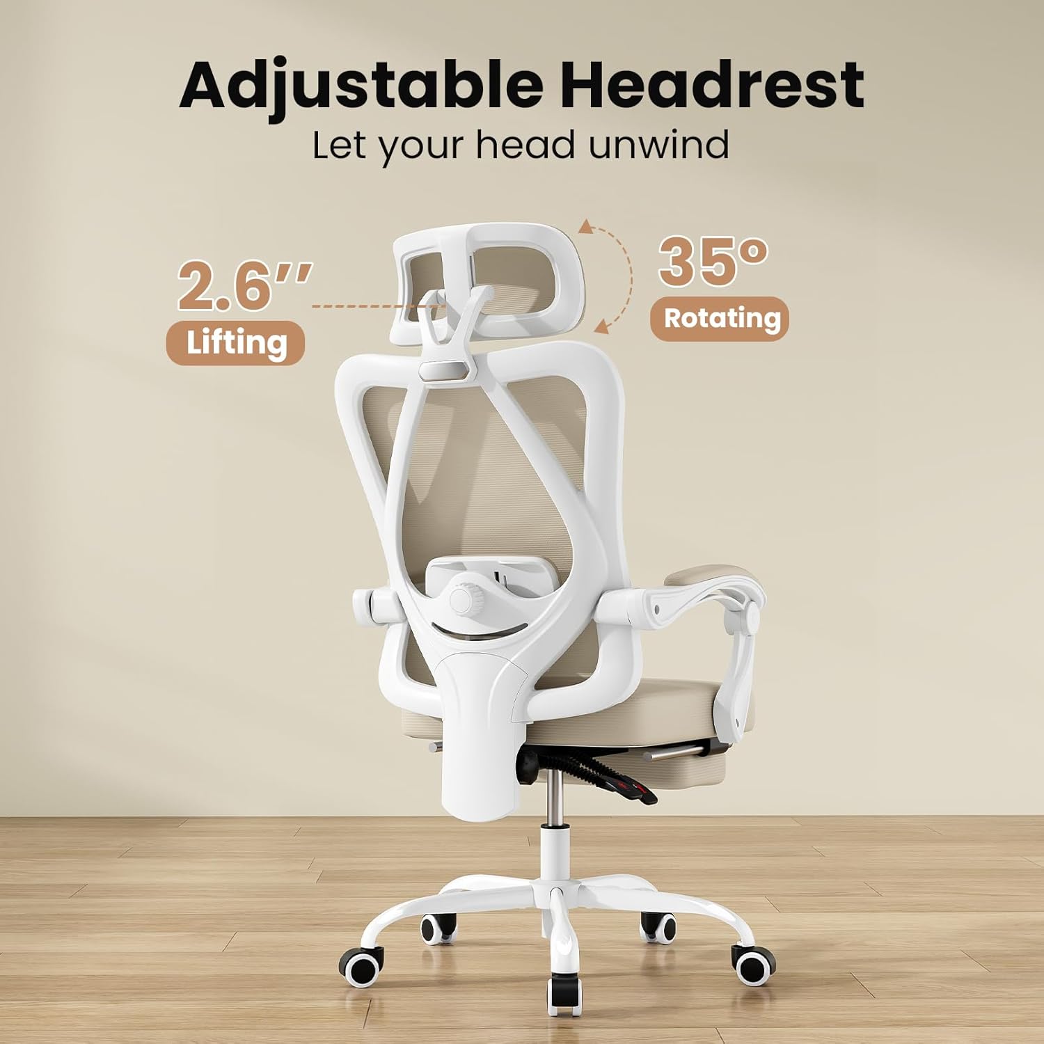 Farini Office Chair with Footrest, Ergonomic Mesh Office Chair with Headrest, High Back Desk Chair with Lumbar Support, Swivel Computer Chair for Office Study Room, White and Khaki