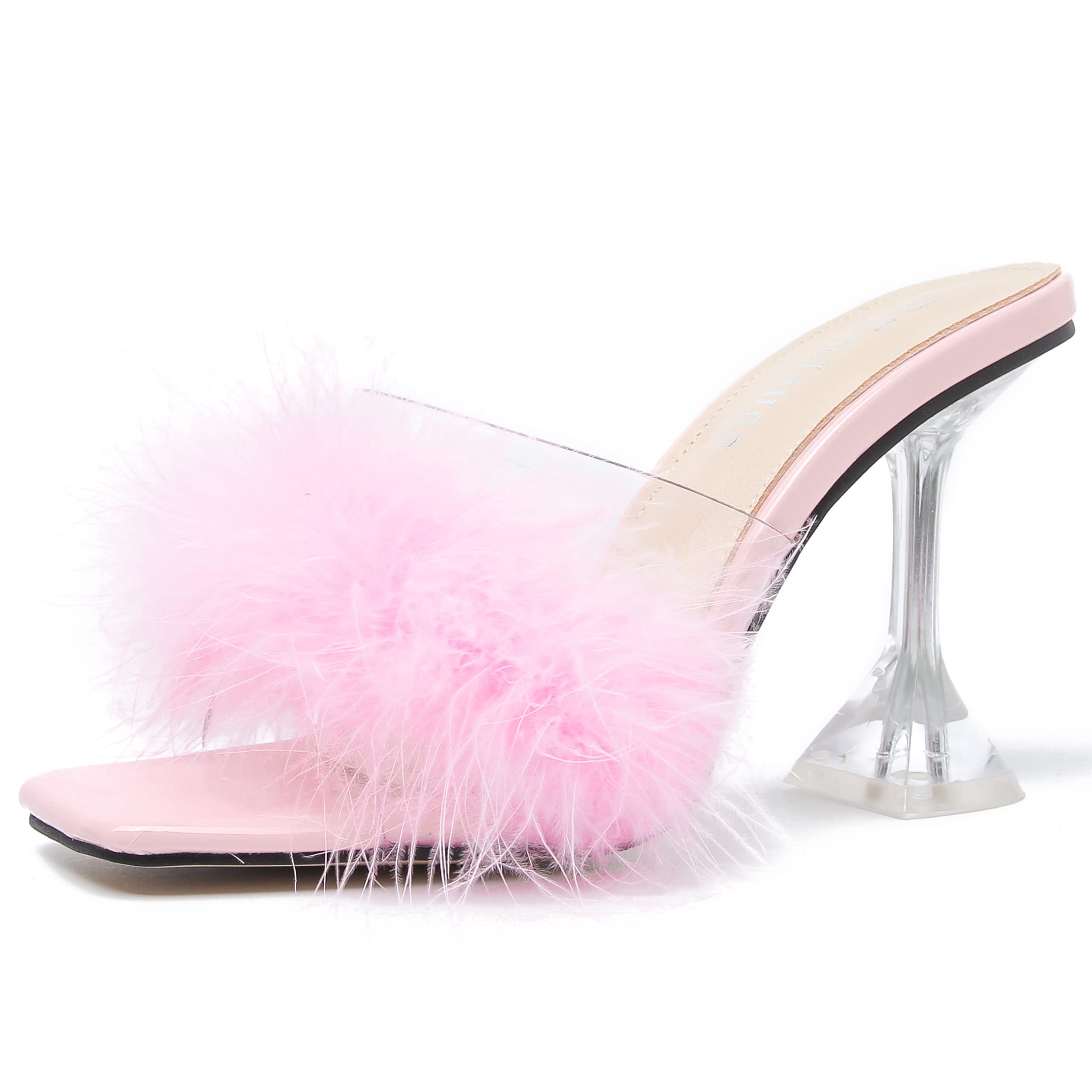 Enelauge Women's Square Toe Sandal Fluffy Feather Clear High Heels Sandals Mules Backless Slip on Slipper Dress Shoes