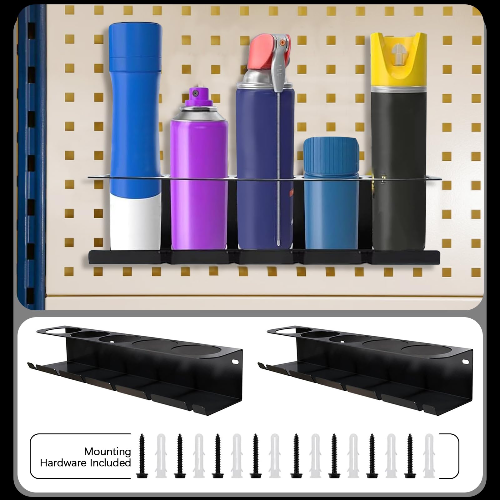 JAOGAUS 2 Soporte para Botellas de Aerosol, 2 Soportes para Latas de Aerosol con 5 Agujeros y 6 Ranuras, Montaje en Pared Organizador de Herramientas Eléctricas Estante de Almacenamiento para Garaje