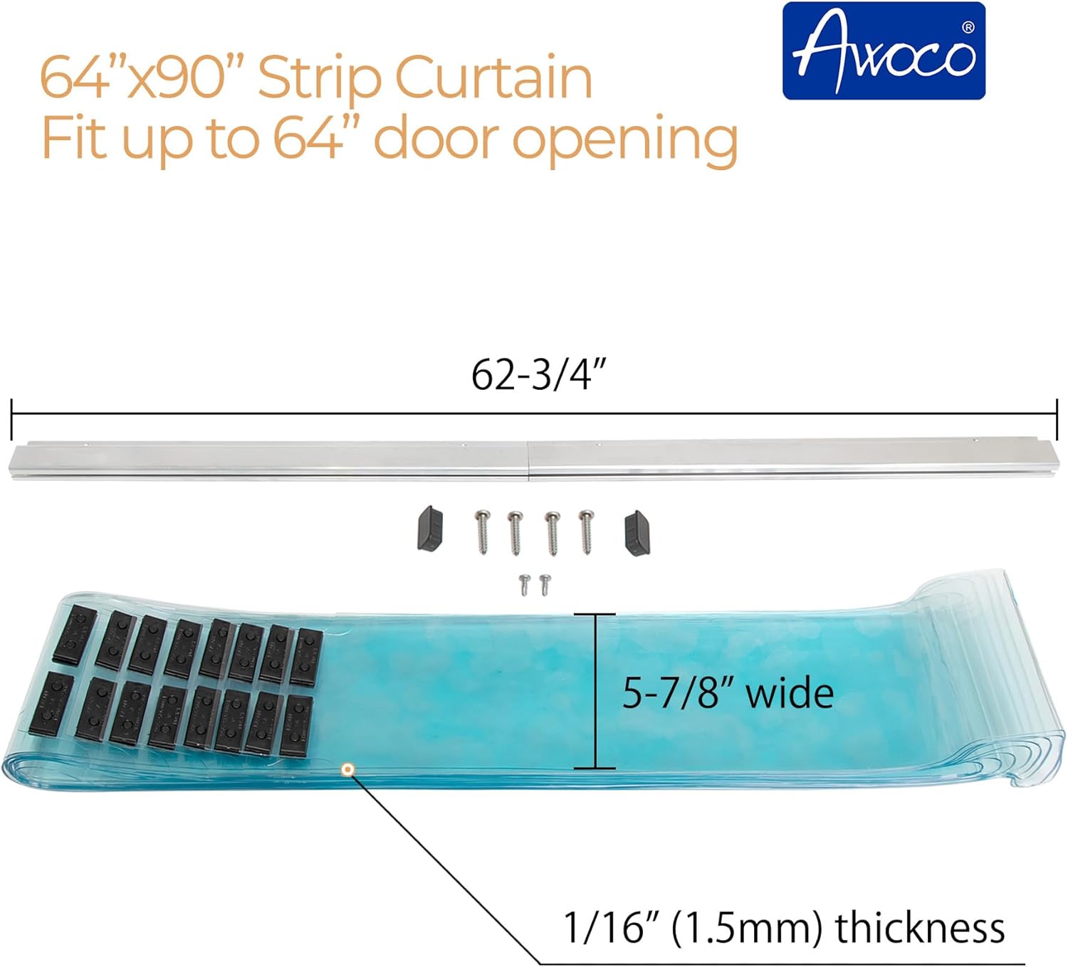 Awoco 64" x 90" Vinyl Strip Climate Control Curtain Kit, Slide-in Strips Perfect for Freezers, Coolers and Warehouse Doors NSF Approved Made in USA