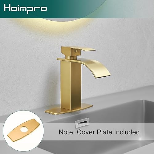 Miniatura 7 de Hoimpro Grifo de baño dorado cepillado con boquilla de cascada, grifo alto de un solo agujero para lavabo de baño, grifo de lavabo de caravana,