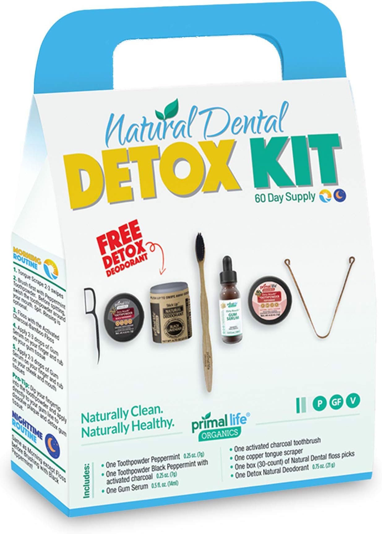 Dental Detox Kit with Dirty Mouth Toothpowder Peppermint, Charcoal Tooth Powder, Bamboo Toothbrush and Floss Picks, Tongue Scraper, Gum Serum, 60-Day Supply - Primal Life Organics