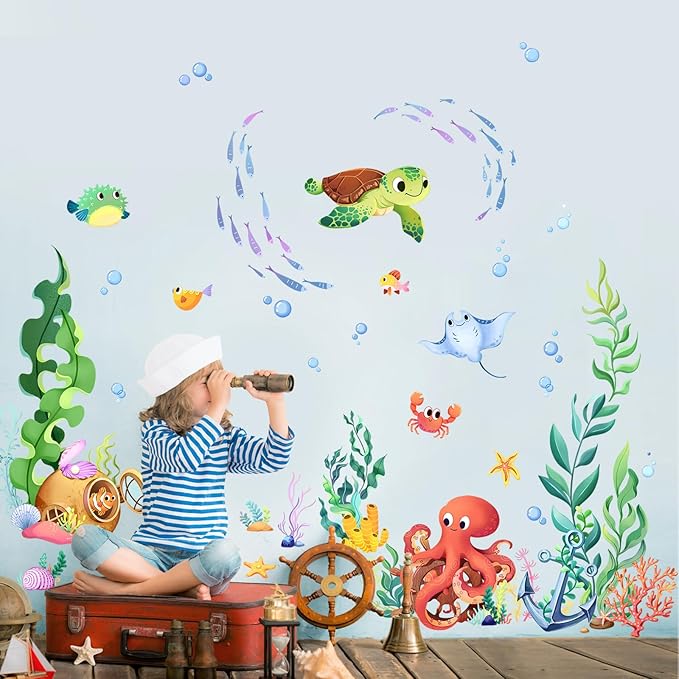 Vinilos Decorativos Submarinos Océano Peces Algas Tortugas Pulpos Pared miniatura 3