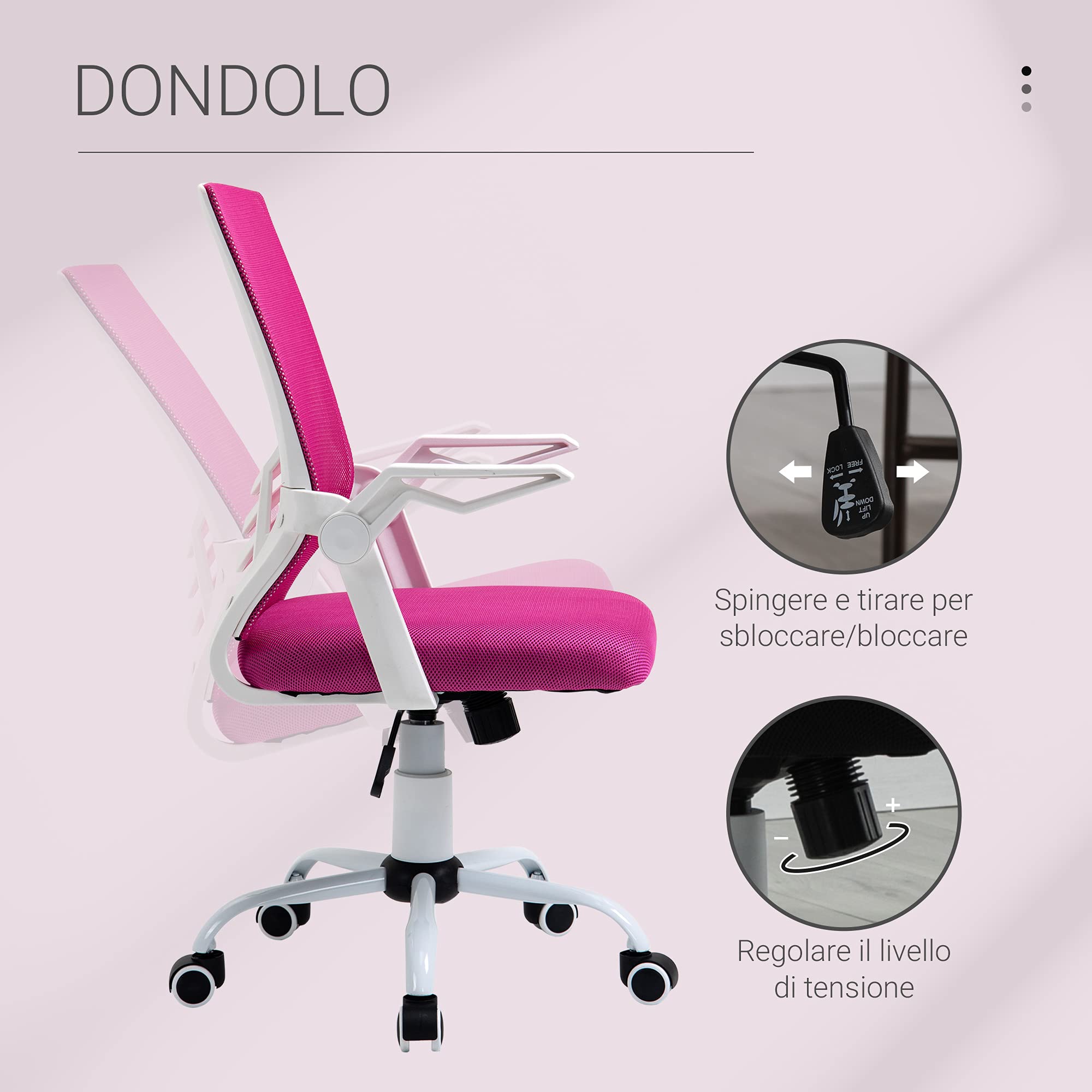 Vinsetto Sedia da Ufficio Ergonomica con Supporto Lombare 120kg Rosa | Braccioli Pieghevoli, Sedia da Scrivania Girevole, Rete Traspirante, Schienale Reclinabile, Altezza Regolabile